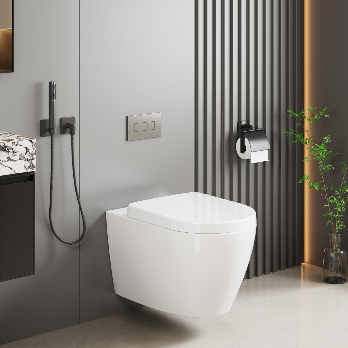 Hängend WC Spülrandlos Toilette, Wand-WC Set aus Keramik mit Toilettendeckel Abnehmbaren Absenkautomatik Effizienter Spültechnik Hängetoilette, D-Form,Lang 51cm, Weiß