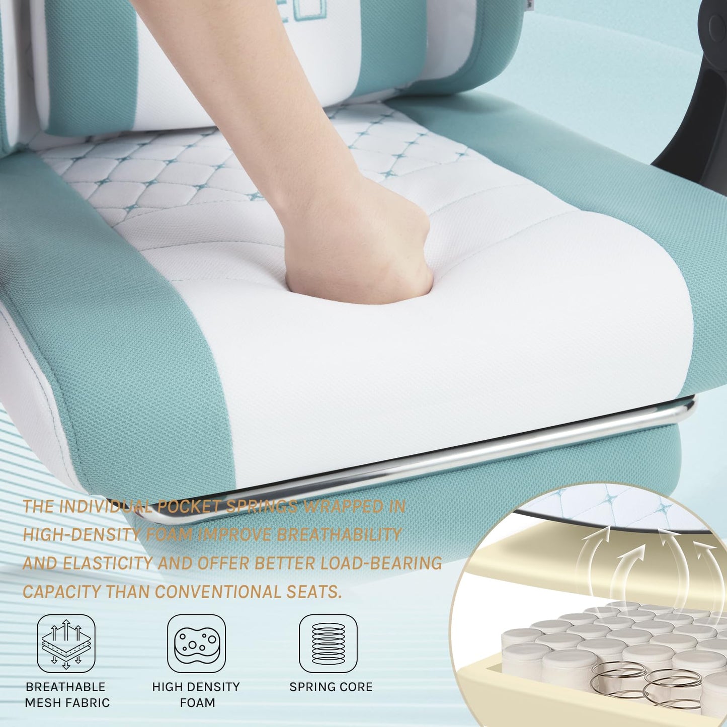WOLTU Gaming Stuhl mit Massagefunktion, Computerstuhl Ergonomisch, Taschenfederkissen, Lendenmassage, Kopfkissen, Fußstütze, Drehstuhl, 150 kg, Netzstoff, Rosa+Weiß