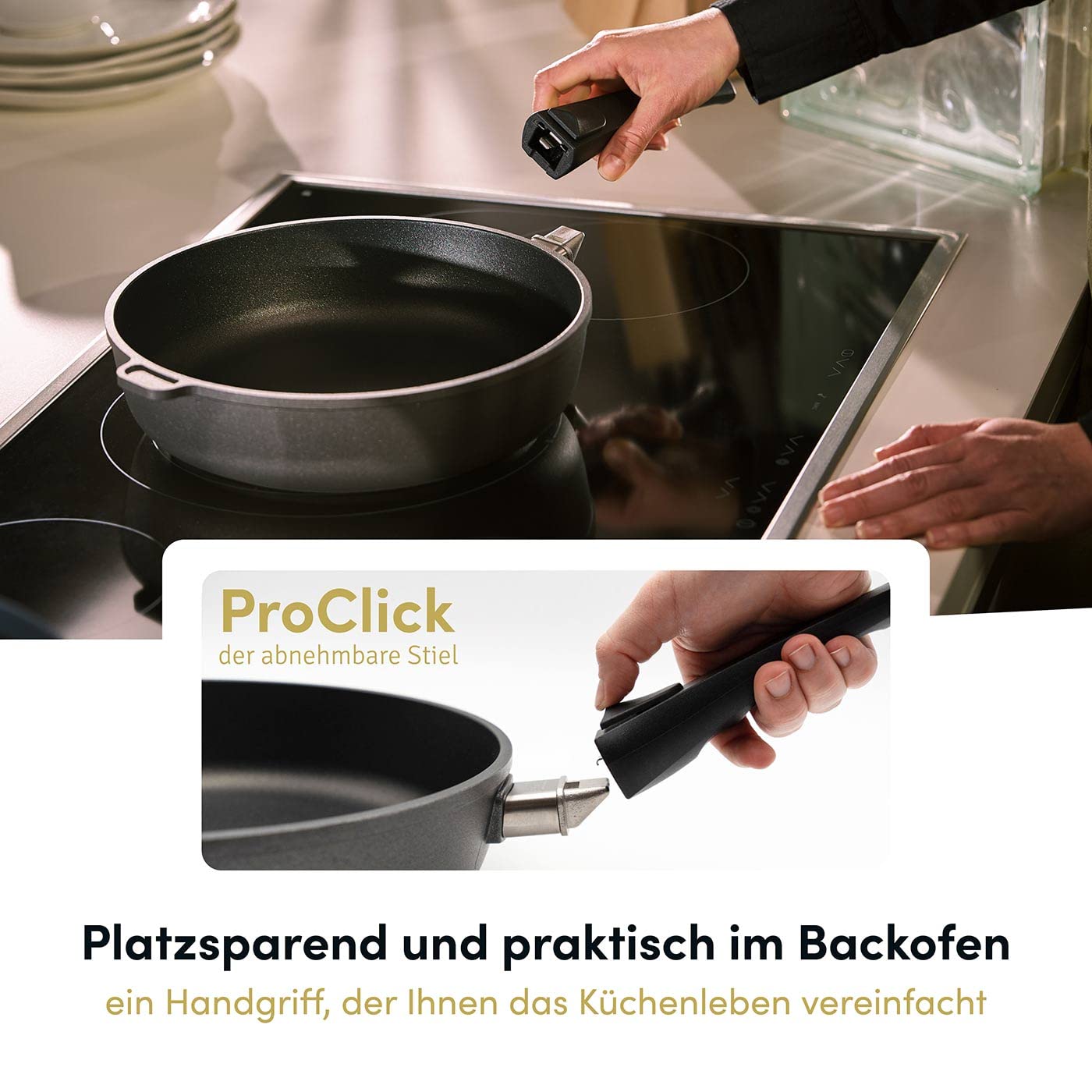 Hoffmann Aluguss Bratpfanne 28 cm Induktion Hoher Rand 7 cm Innenhöhe I Pfanne Induktionsherd I Schmorpfanne 28cm I Abnehmbarer Griff Hochrandpfanne