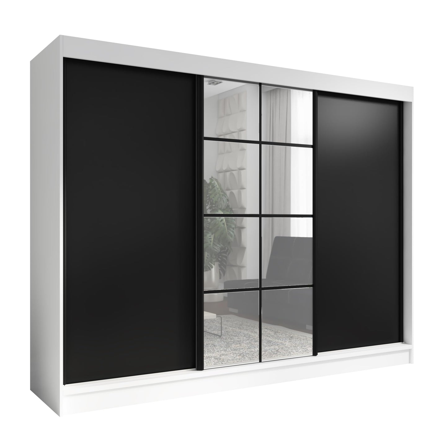 A&J MöbelLand Oravelle Sliding Door Wardrobe 3 Doors with Drawers and Mirror 200 cm (Black)