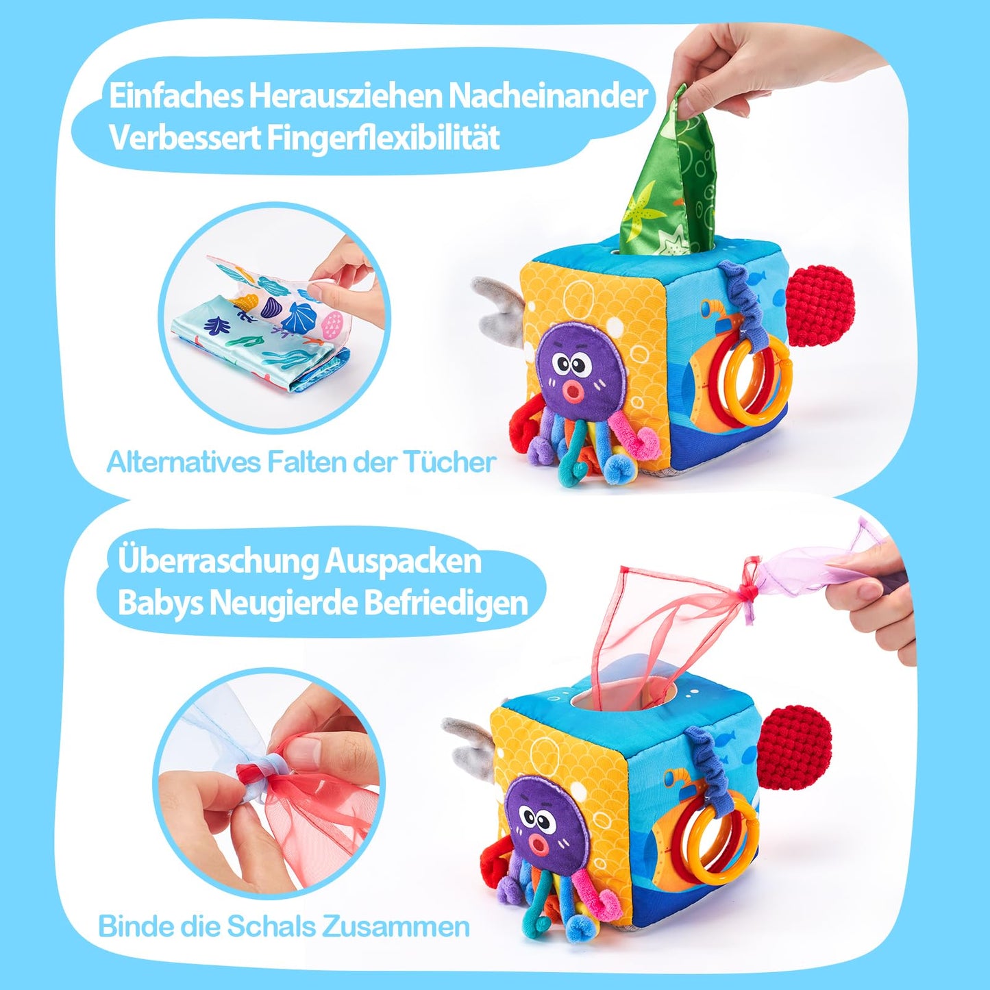 hahaland Baby Spielzeug 6 12 Monate Tissue Box, Montessori Toy Sensorik motorik Spielzeug, Stofftücher Kontrastreiche Farben Lernen Sensorische Spielzeug für Jungen Mädchen Geschenke