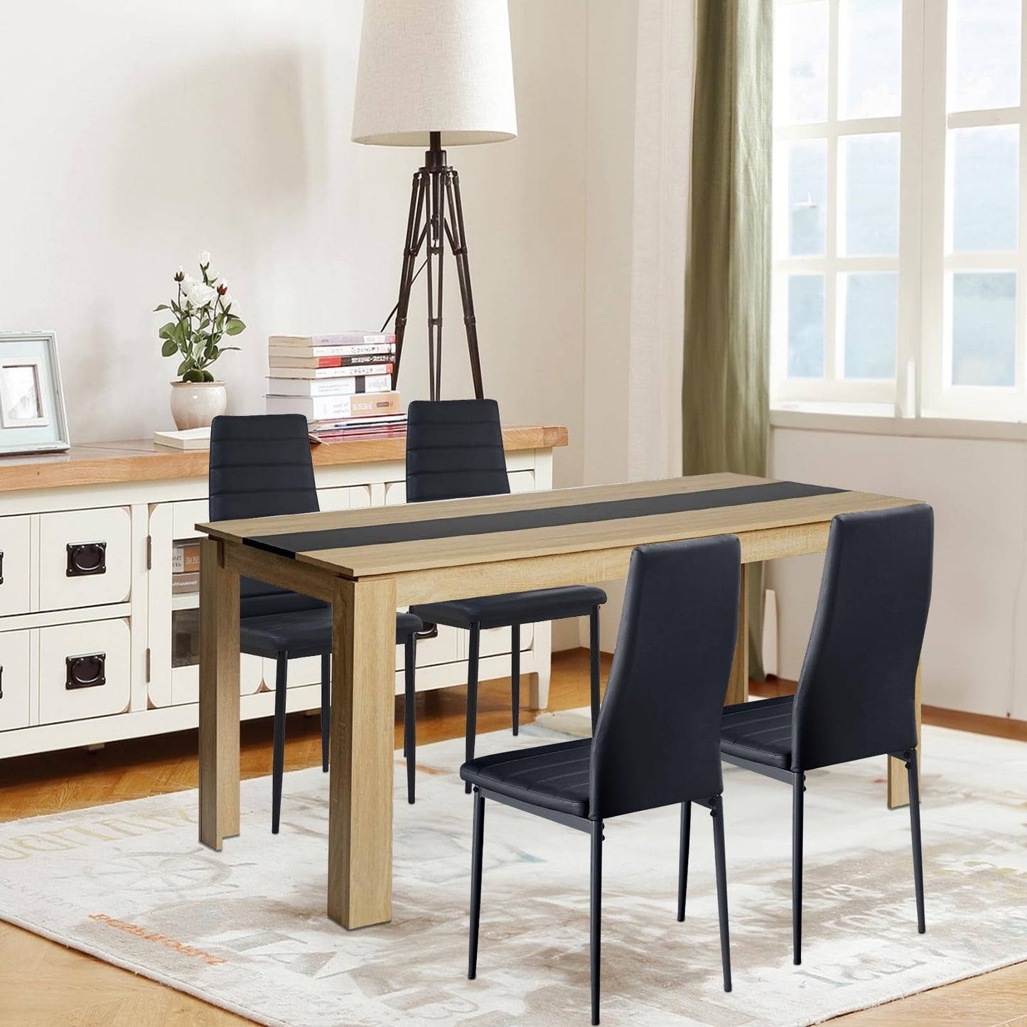 FURNITABLE Esstisch mit 6 Stühlen Esszimmergruppe, Essgruppe mit Hochlehner Kunstleder Stuhl für 6 Personen, Sitzgruppe für Küche Wohnzimmer(160cm Eiche-Weiß Tischbein Tisch+6 Schwarz Stühle)