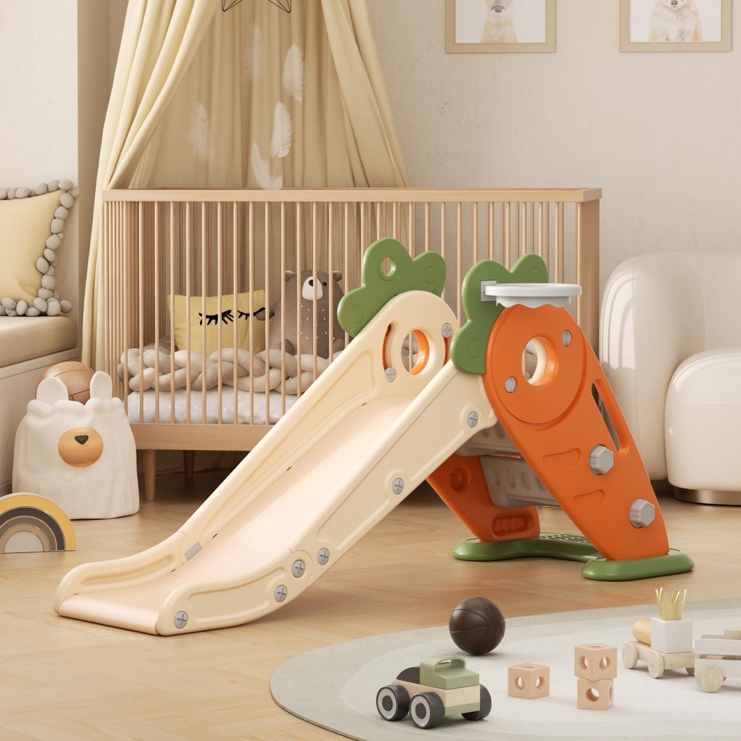 Rutsche mit Klettergerüst für Kinder: Indoor Spielplatz mit - Aufbewahrungsbox Tunnel Treppenleiter Basketballkorb und Durchgangsbereich Gartenrutsche (Star Set-G-Brown)