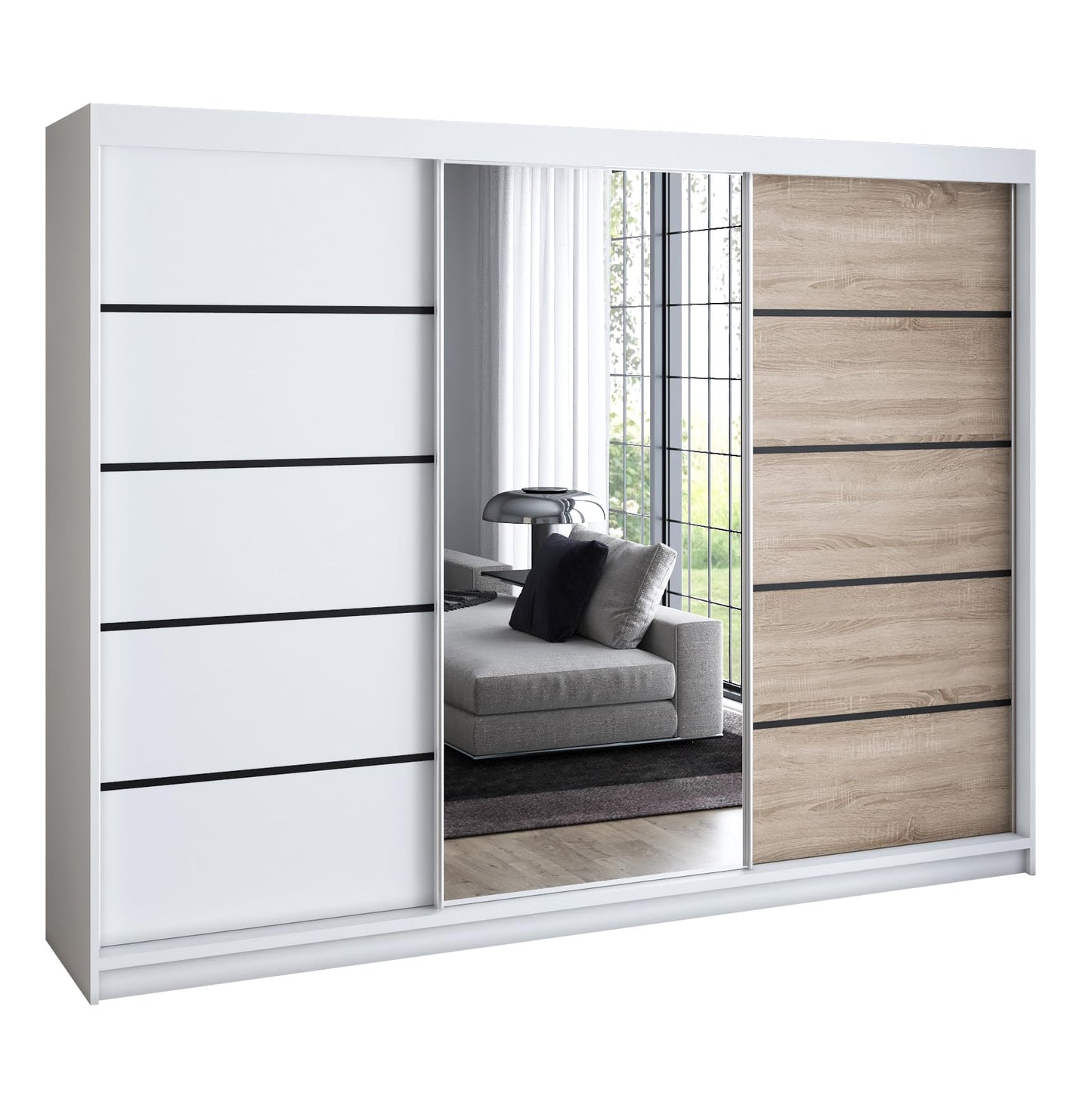 A&J MöbelLand Schwebetürenschrank VILANO 2, 3-türig Schrank 200 cm Kleiderschrank mit 4 Schubladen, und Spiegel (Weiß, Schwarz, Somona) (Schwarz/schwarz/schwarz)