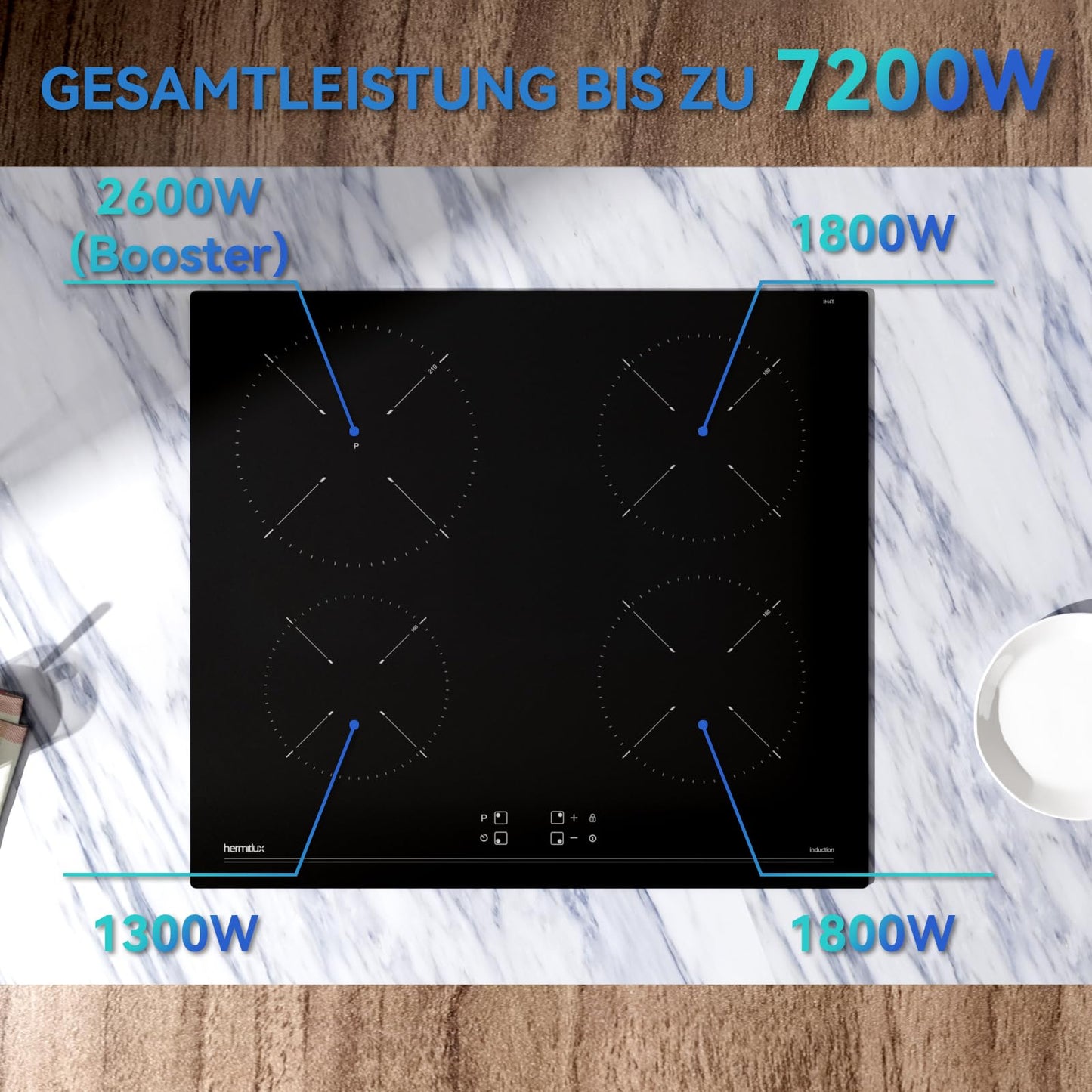 Hermitlux kochfeld 28,8cm, Glaskeramik Kochfeld 2 Platten, 9 Leistungsstufen, Touch-Steuerung, Timer, Kindersicherung, Geeignet für Alle Töpfe, 3300W