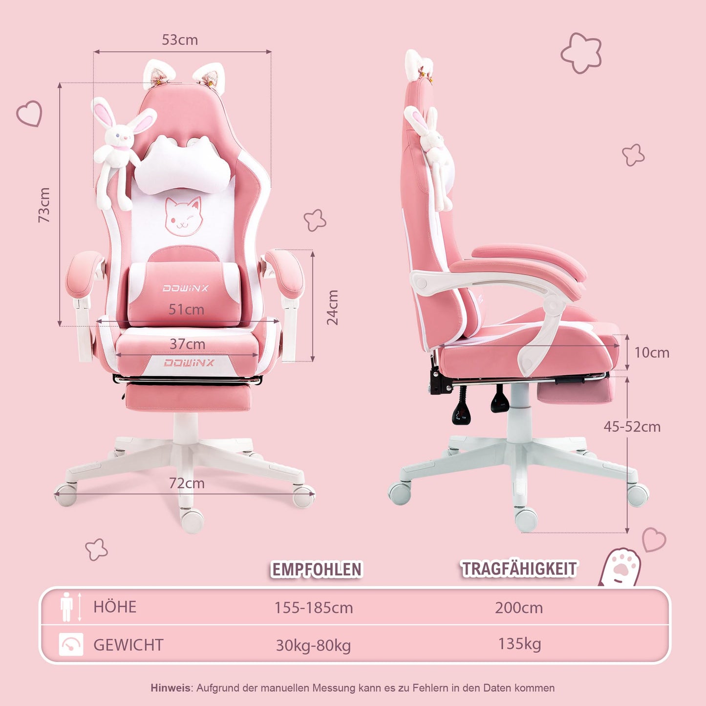 Dowinx Gaming Chair - Cute Cat Edition - Ergonomic Computer Chair with High Back and Lumbar Support, PU Leather, Footrest, Black