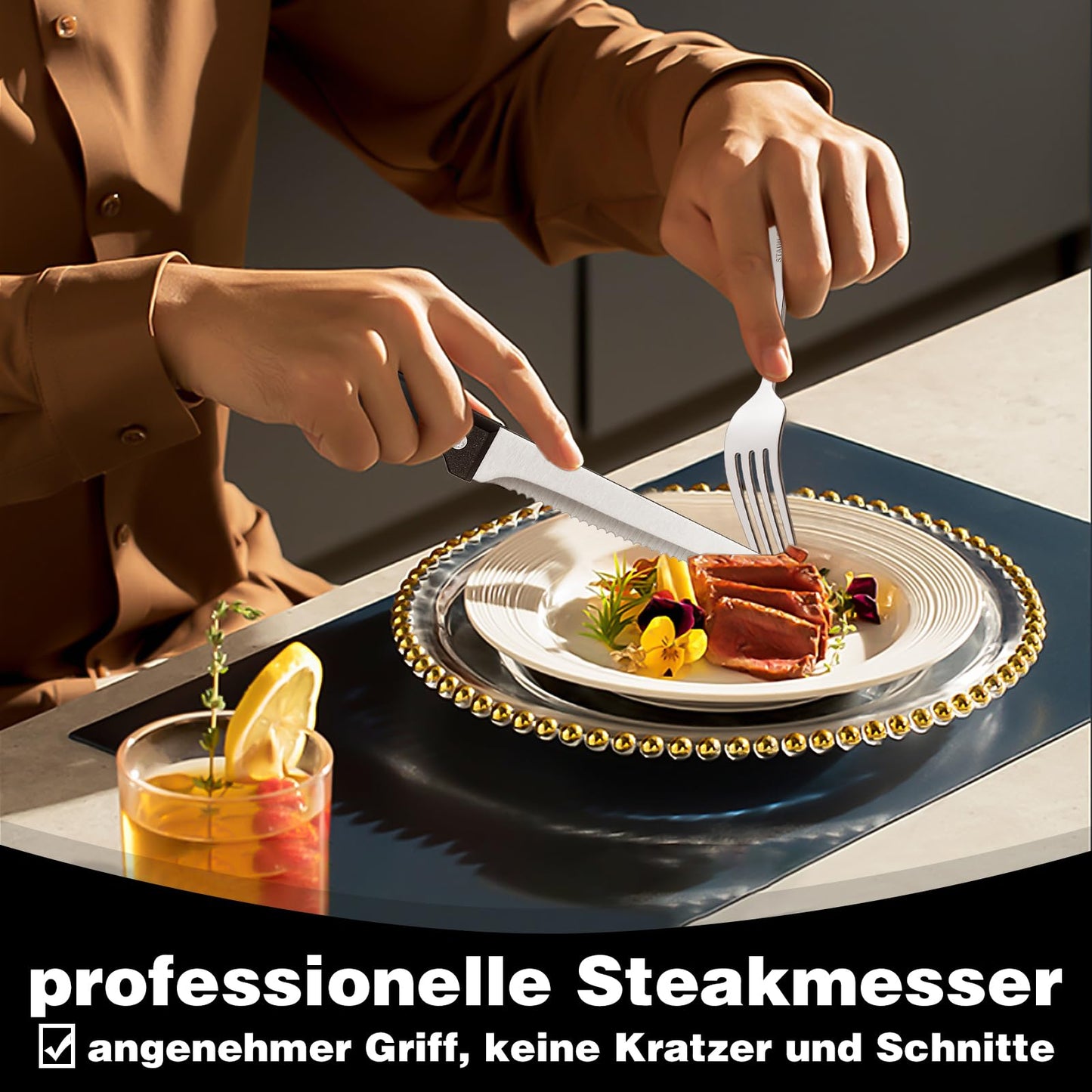 Terlulu 36 teiliges Edelstahl Besteckset mit Steakmesser, Besteck Set 6 Personen, Elegantes Essbesteck Set mit Messer Gabel Löffel, Tafelbesteck für Haus/Party/Restaurant, Spülmaschinenfest