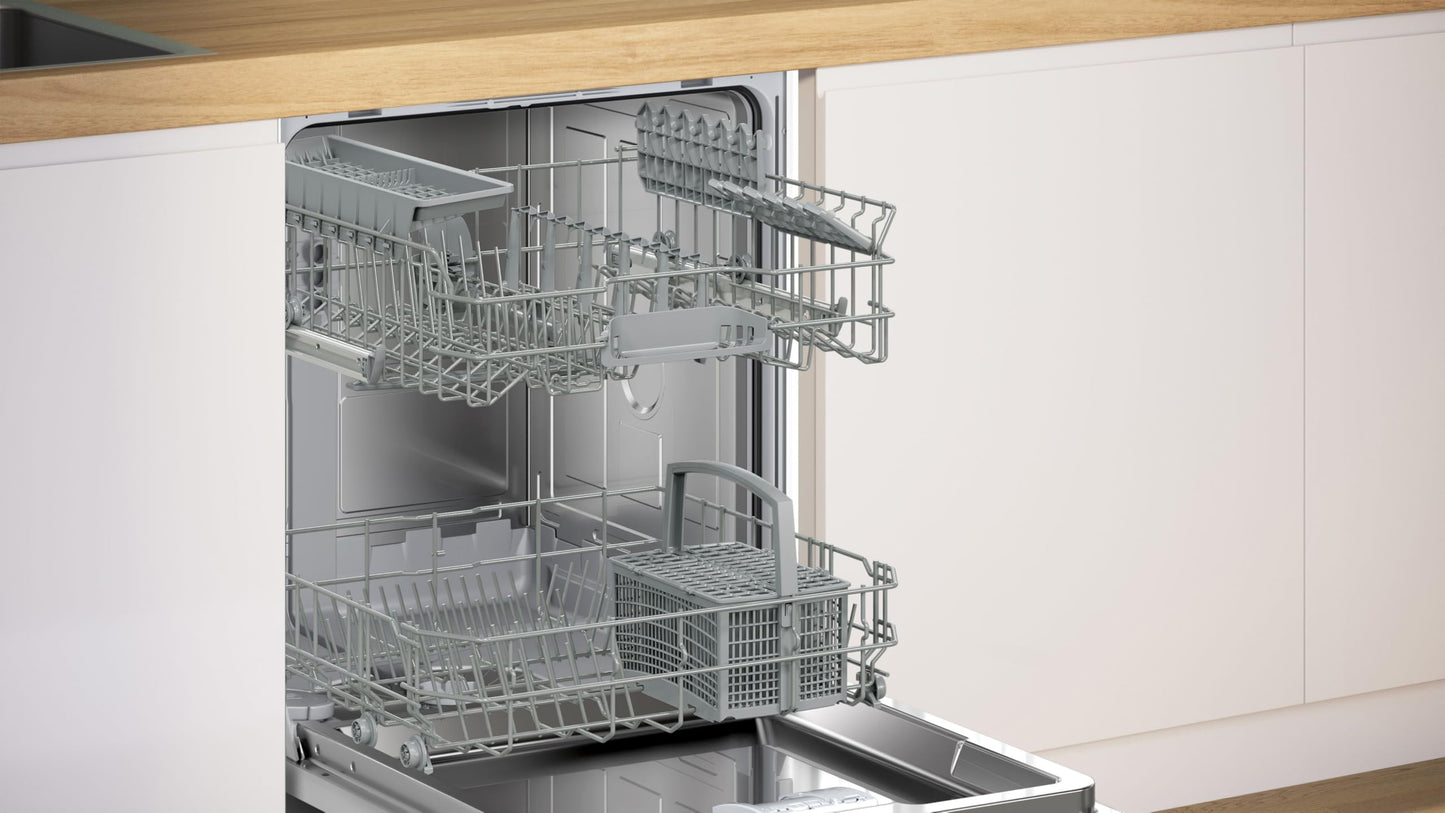 Bosch SMU4ETS08E, Series 4, Smart Undermount Dishwasher, 60 cm, Cutlery Basket, Dishwasher with Program Assistant, Particularly Quiet, Height-Adjustable Upper Basket, Automatic Door Opening, Stainless