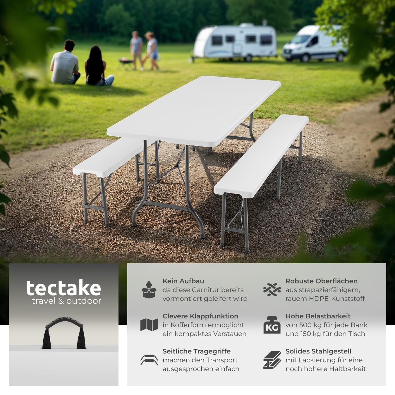 tectake® 3-teiliges Gartenmöbel Set, klappbarer Campingtisch mit 2X Bierbank, Balkonmöbel, Garten oder Terrassentisch Set, Bierzeltgarnitur, mit Tragegriffen, 180cm lang (weiß)