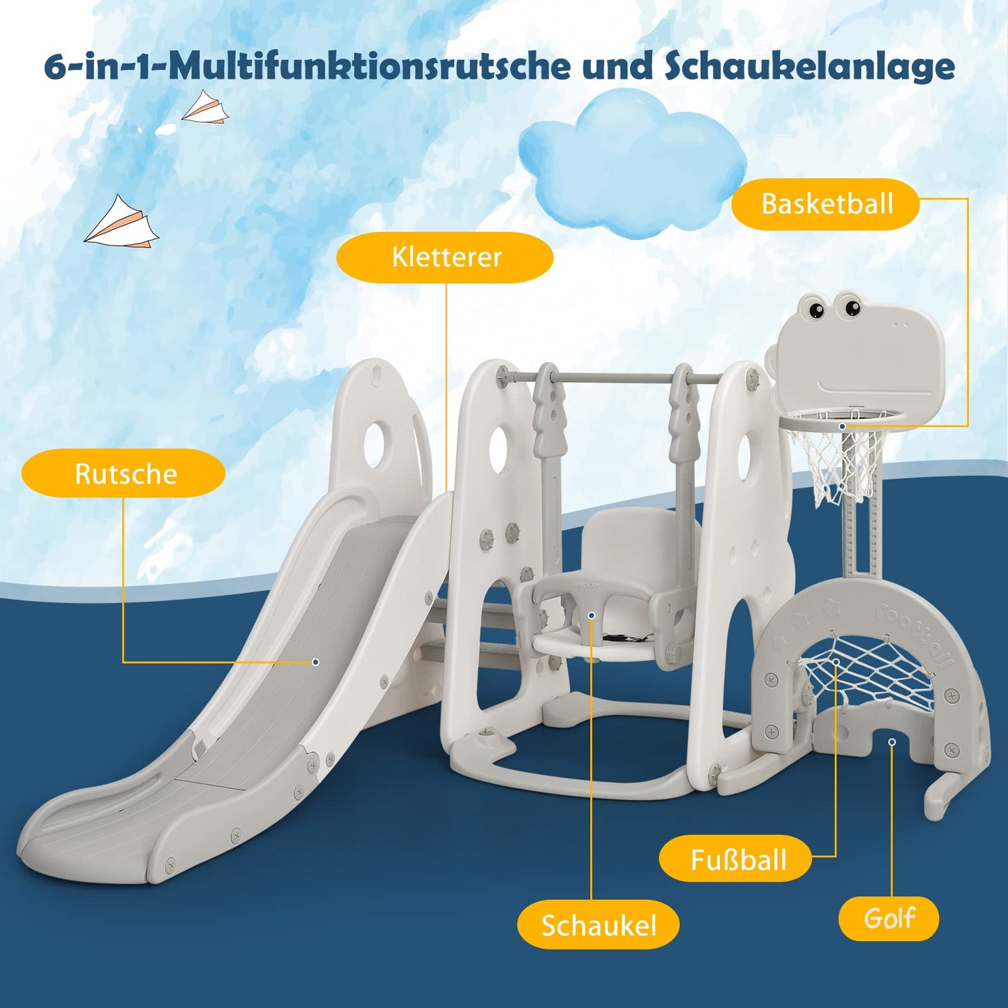 COSTWAY 6-in-1 Children's Playground, Children's Slide & Swing & Basketball Hoop & Ladder & Football Goal & Golf Hole, Swing Frame Garden Swing Children's Swing, Children's Slide Indoor Outdoor