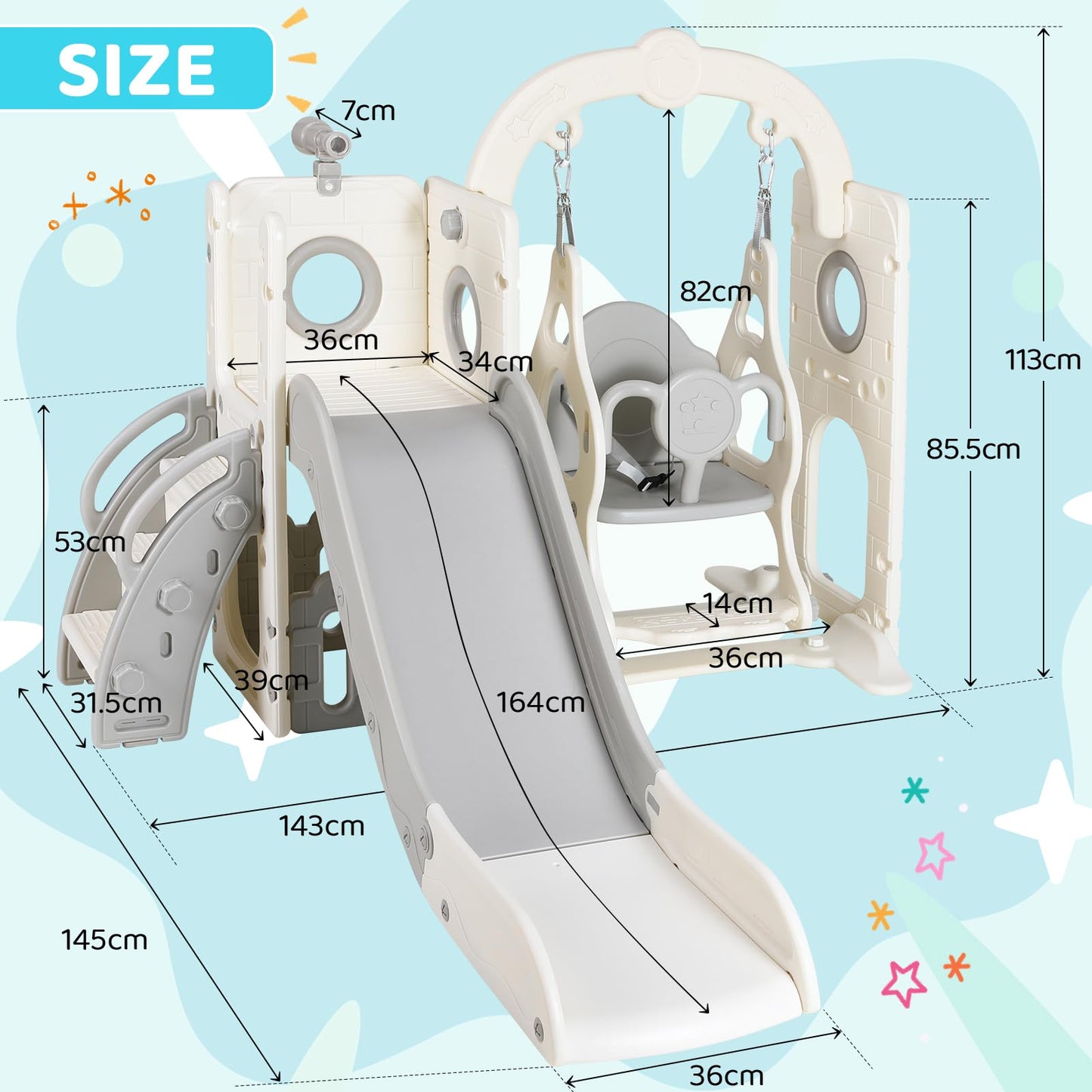 Swing Slide, 5-in-1 Children's Slide with Swing, Climbing Frame, Telescope, Storage, Indoor and Outdoor Freestanding Slide, Playground for Toddlers, for Max 60 kg from 1-6 Years, 2 Pieces Modules