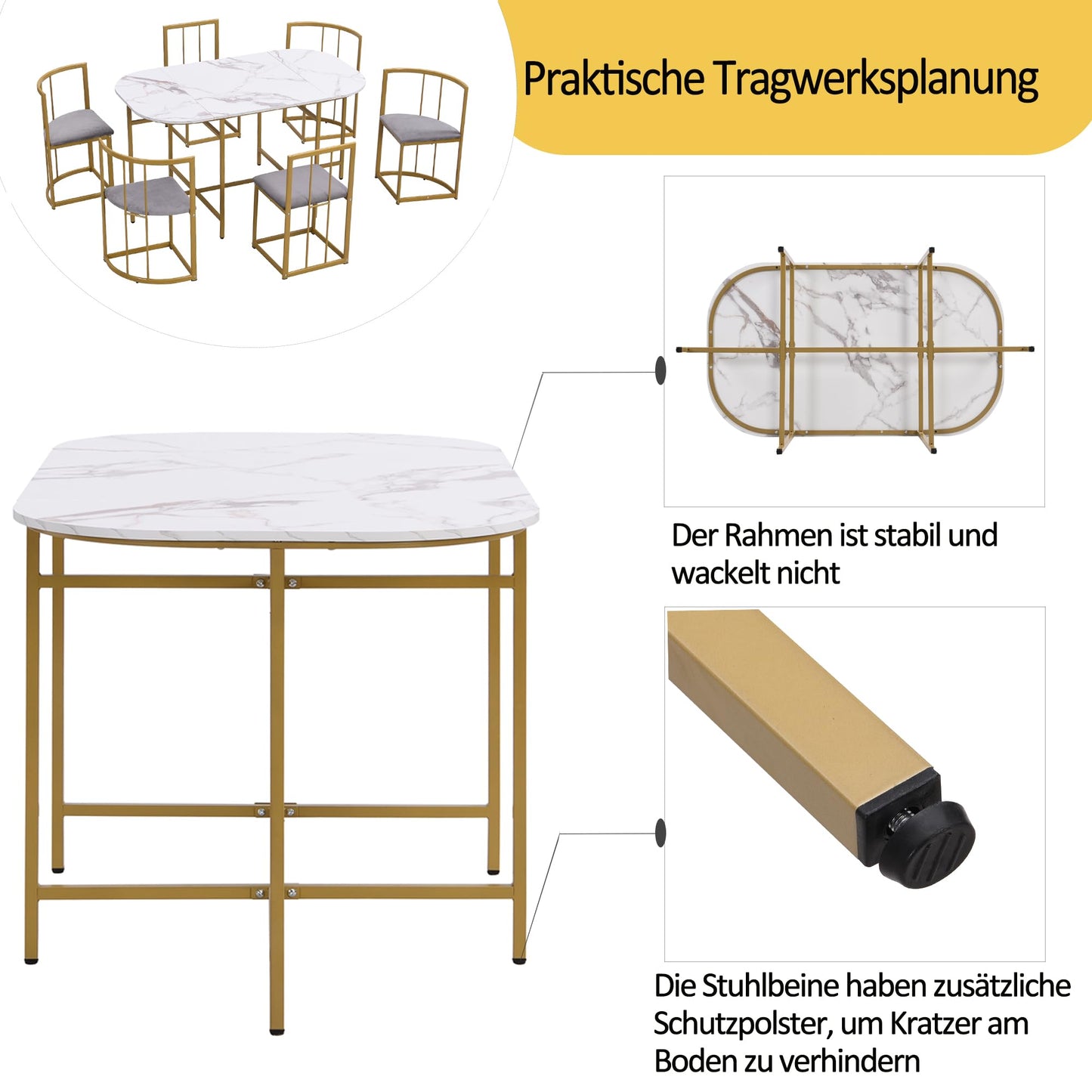 Gegtuon Esstisch 7 teilig für 6 Personen 140x80x76cm, Esstisch Rund mit 6 Stühlen und Tisch, Modern Küchentisch Metallgestell mit Rückenlehne, Essgruppe für Esszimmer Wohnzimmer Küche, Schwarz