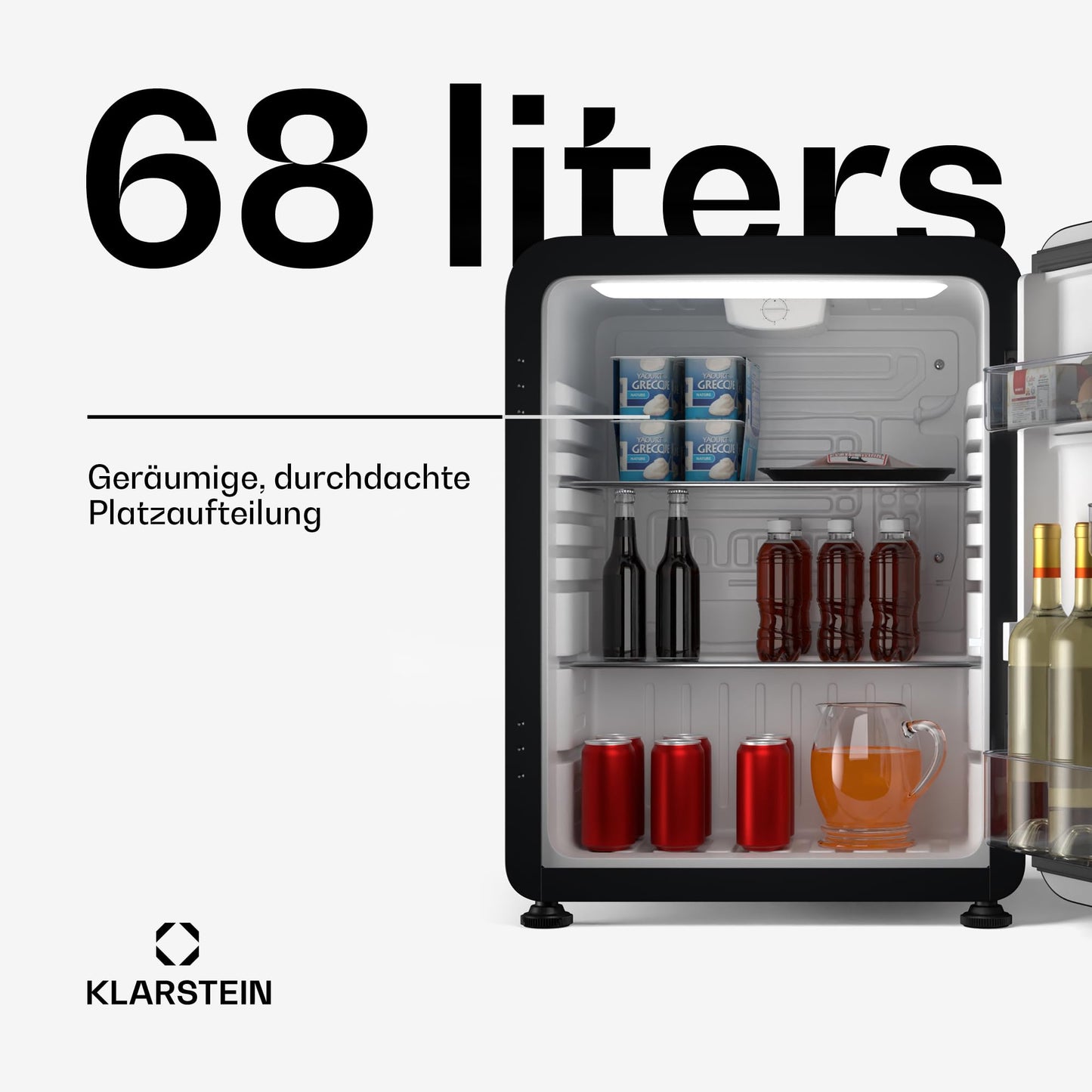 Klarstein Kühlschrank, Mini-Kühlschrank für Getränke, Kühlschrank Klein, Kleiner Kühlschrank Lautlos, Skincare Fridge, Vintage Design, Camping Kühlschrank, Minikühlschrank für Zimmer, 0-10°C, 70 L