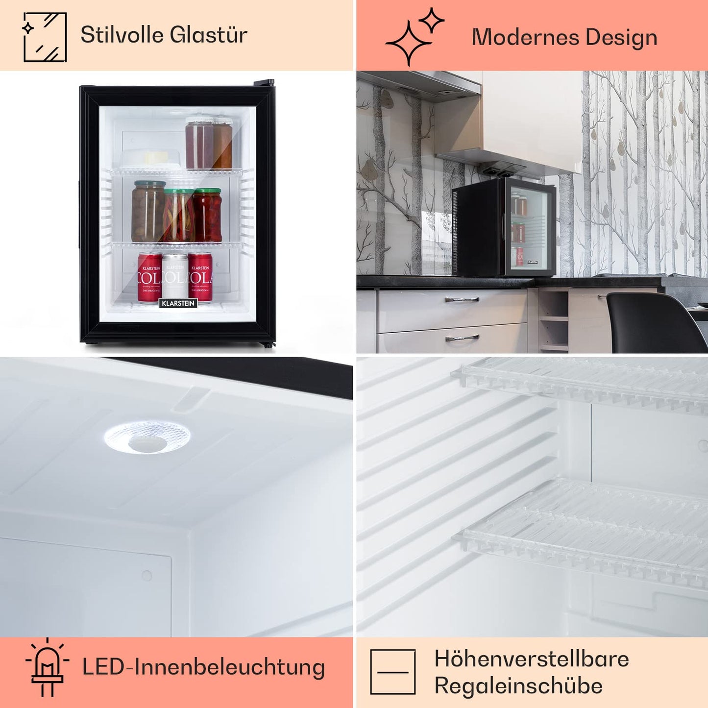 Klarstein Kühlschrank, Mini Kühlschrank mit Glastüre, Mini-Kühlschrank für Getränke, Snacks & Kosmetik, Kühlschrank Klein & Leise, Verstellbare Ablagen, Kleiner Skincare Kühlschrank 12-18°C, 23L