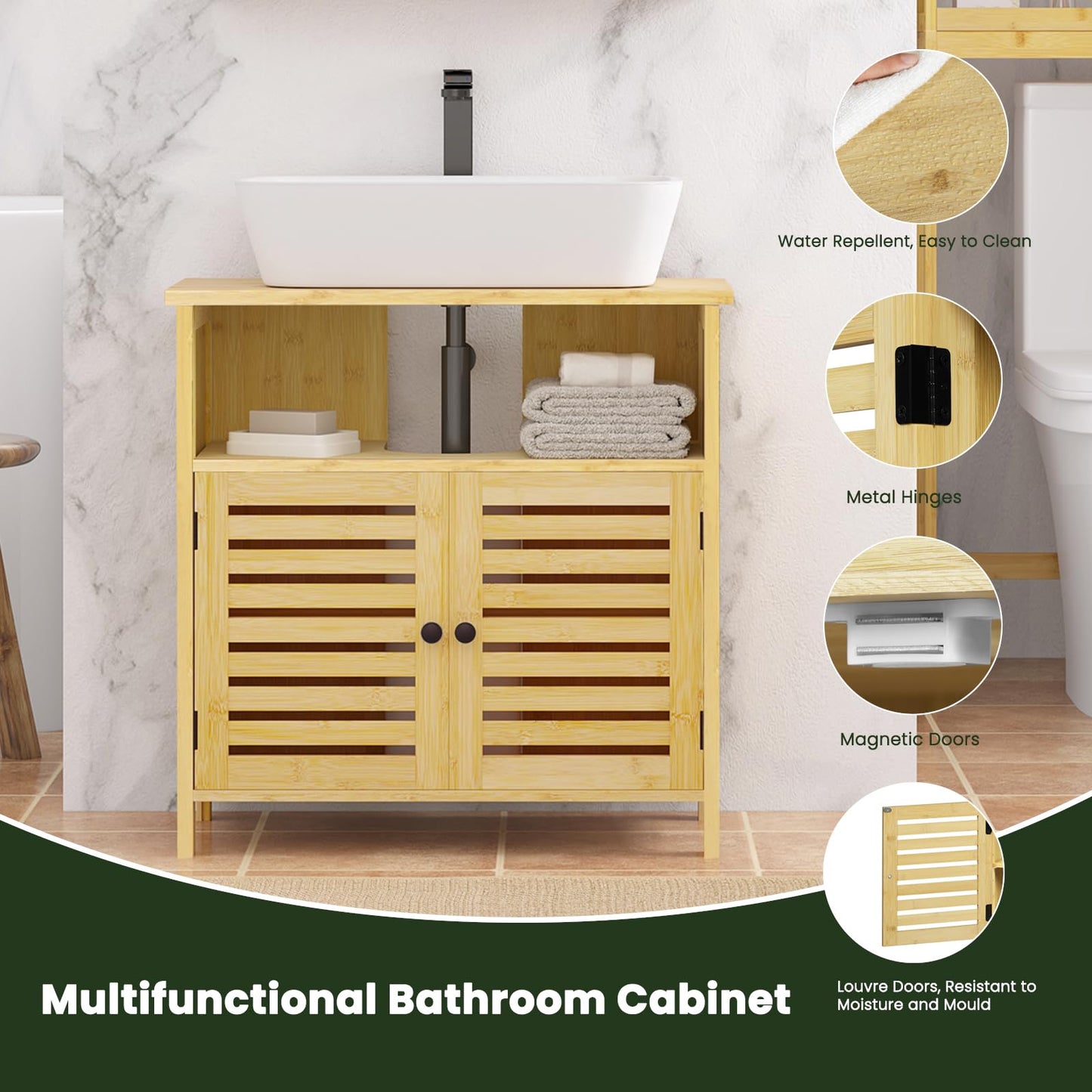 EUGAD Bamboo Vanity Unit with Slat Doors, Adjustable Shelf, 60 x 60 x 30 cm