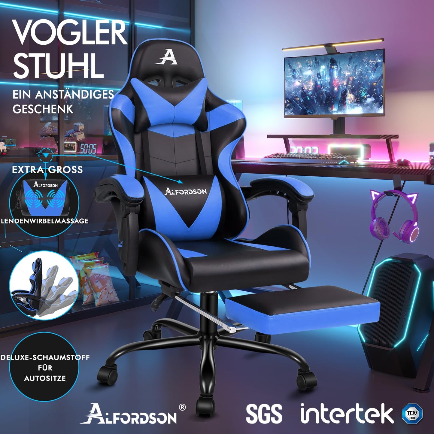 ALFORDSON Videospielstuhl, ergonomischer Bürostuhl, Massage-Rennstuhl, einziehbare Fußstütze, PU-Leder, höhenverstellbar und neigbar, 180 kg Tragkraft, Schwarz