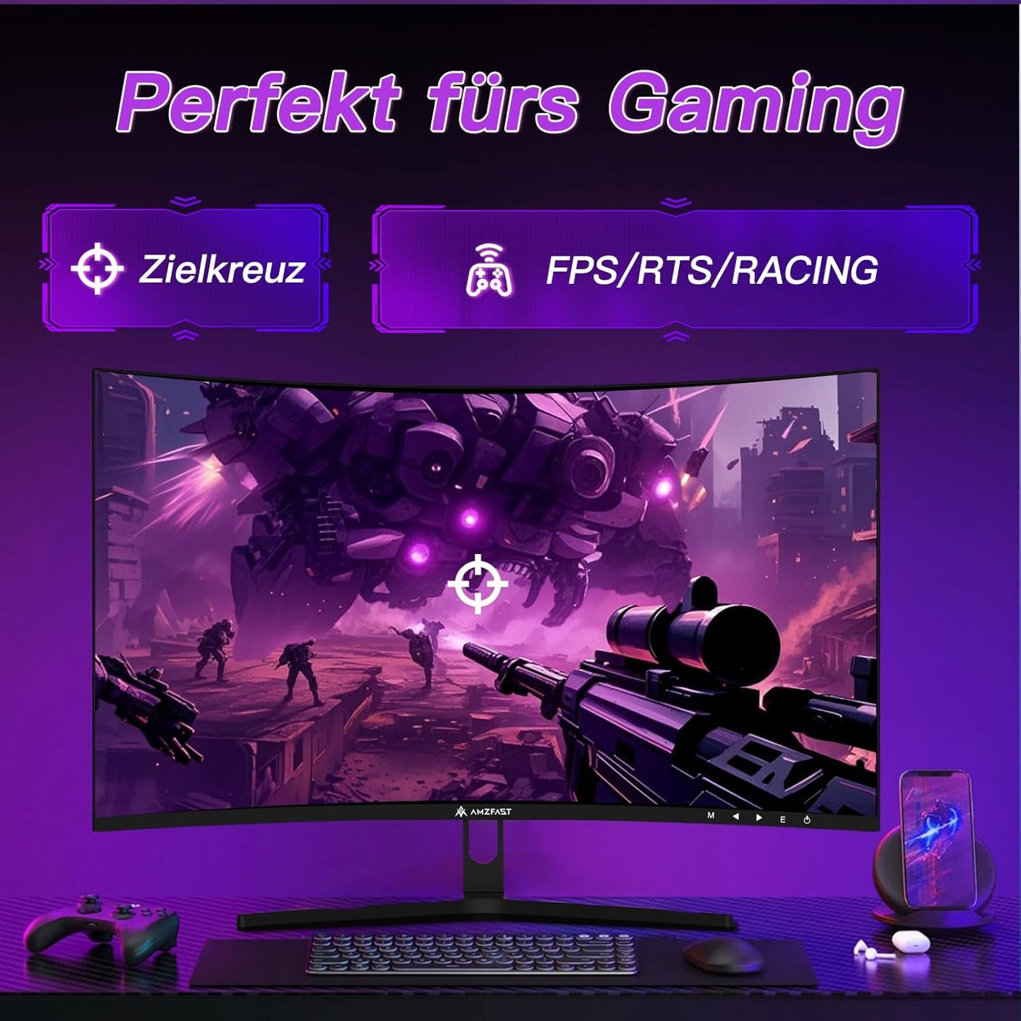 Amzfast 32 Zoll Curved Gaming Monitor (240Hz, 1920x1080, 1ms MPRT, 1500R), Adaptive-Sync, 90% DCI-P3, 120% sRGB, 300cd/m², HDMI 2.0 & DisplayPort 1.4 (AMZG32C3F)