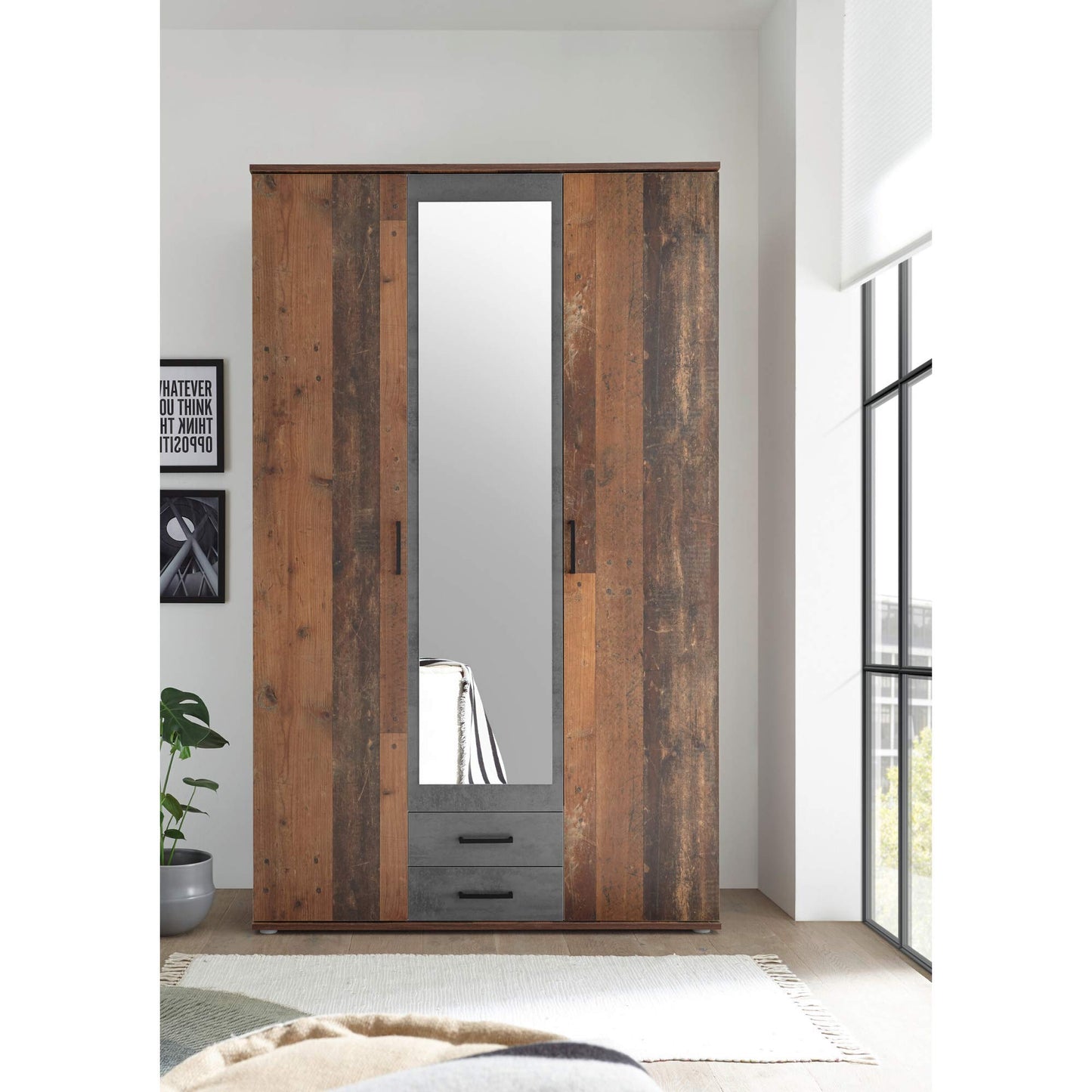 Stella Trading CHICAGO Eleganter Kleiderschrank mit viel Stauraum - Vielseitiger Drehtürenschrank in Artisan Eiche Optik und Absetzungen in Anthrazit - 156 x 197 x 54 cm (B/H/T)