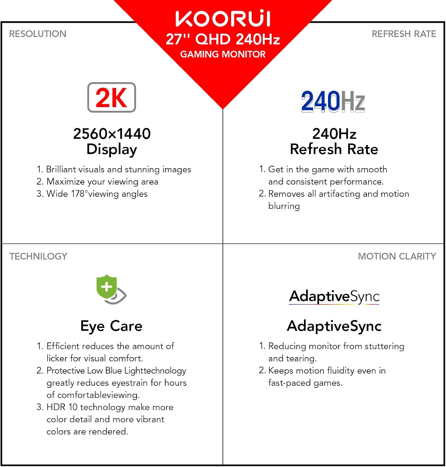 KOORUI Gaming Monitor 27 Zoll, PC Bildschirm 240Hz, FHD, 1ms, Adaptive Sync (1920 x 1080p, DCI-P3 90%, SRGB 100%, HDMI, DisplayPort, VESA 75x75)