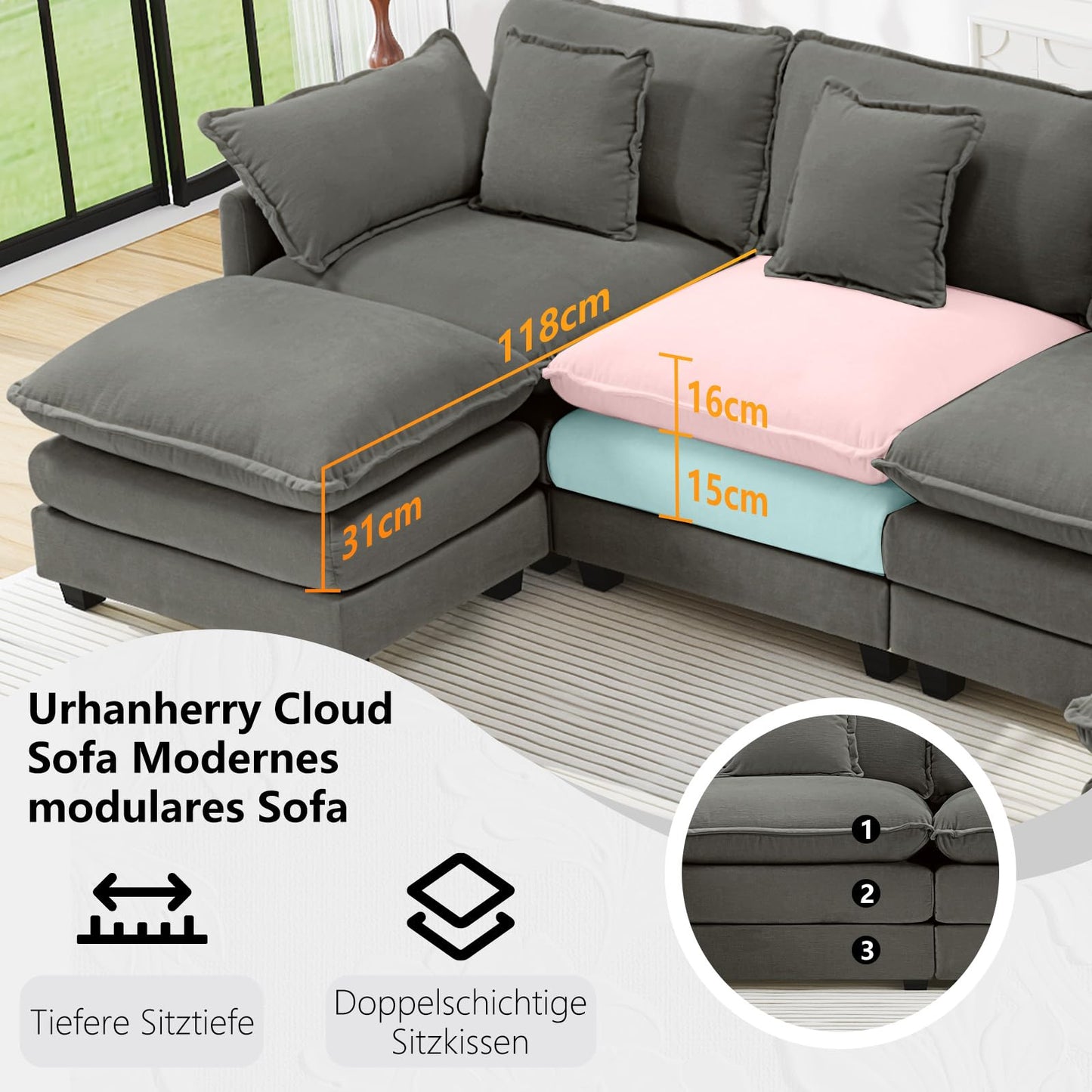 Urhanherry U-Shape Cloud Sofa, Modular Sectional Sofa, 6-Seater with 2 Ottomans, Modern Sofa with Decorative Cushions/Armrests, Breathable Chenille Fabric, U Sofa Couch for Living Room, Beige