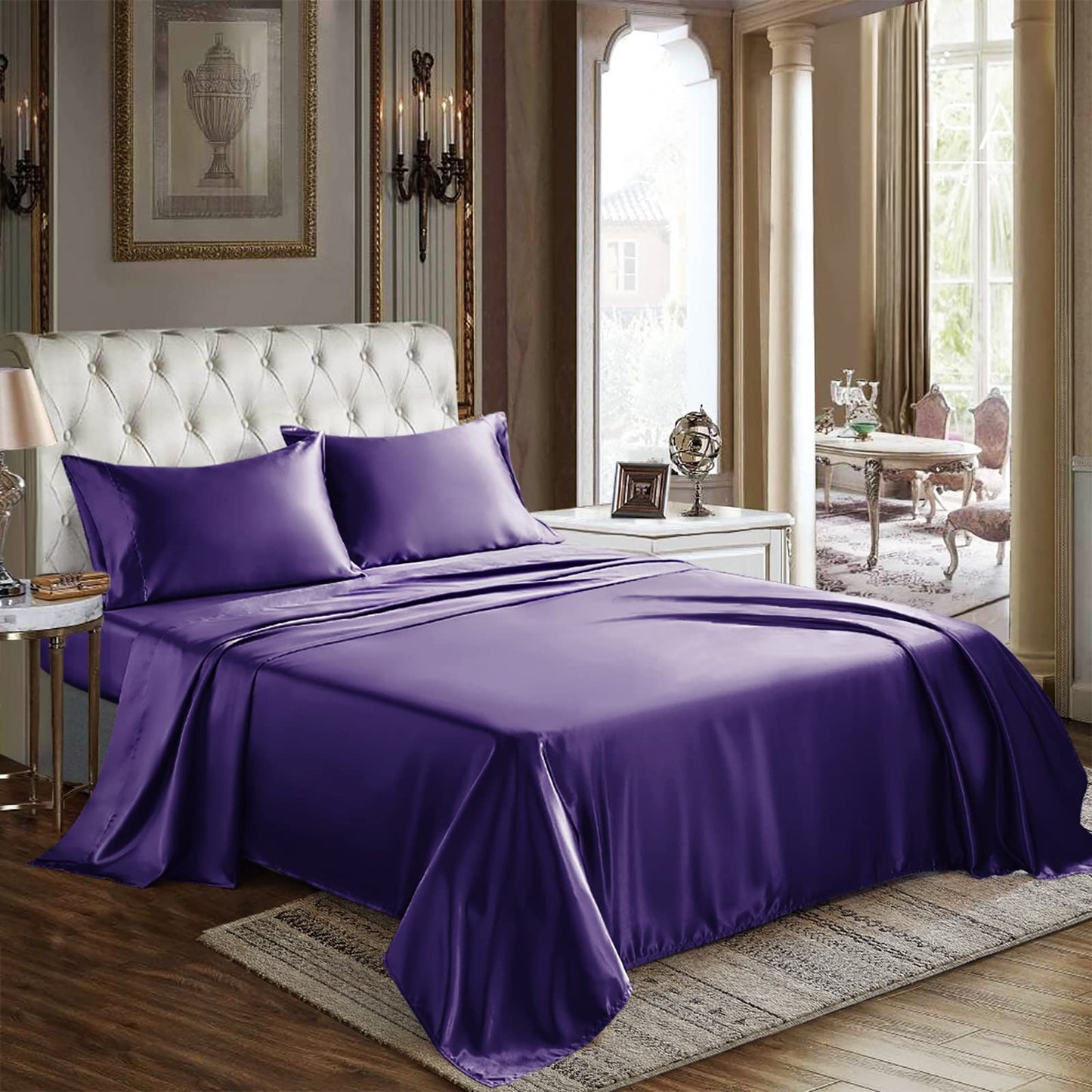 CozyLux Satin Sheets Queen Size - 4 Piece Black Bed Sheet Set with Silky Microfiber, 1 Deep Pocket Fitted Sheet, 1 Flat Sheet, and 2 Pillowcases - Smooth and Soft
