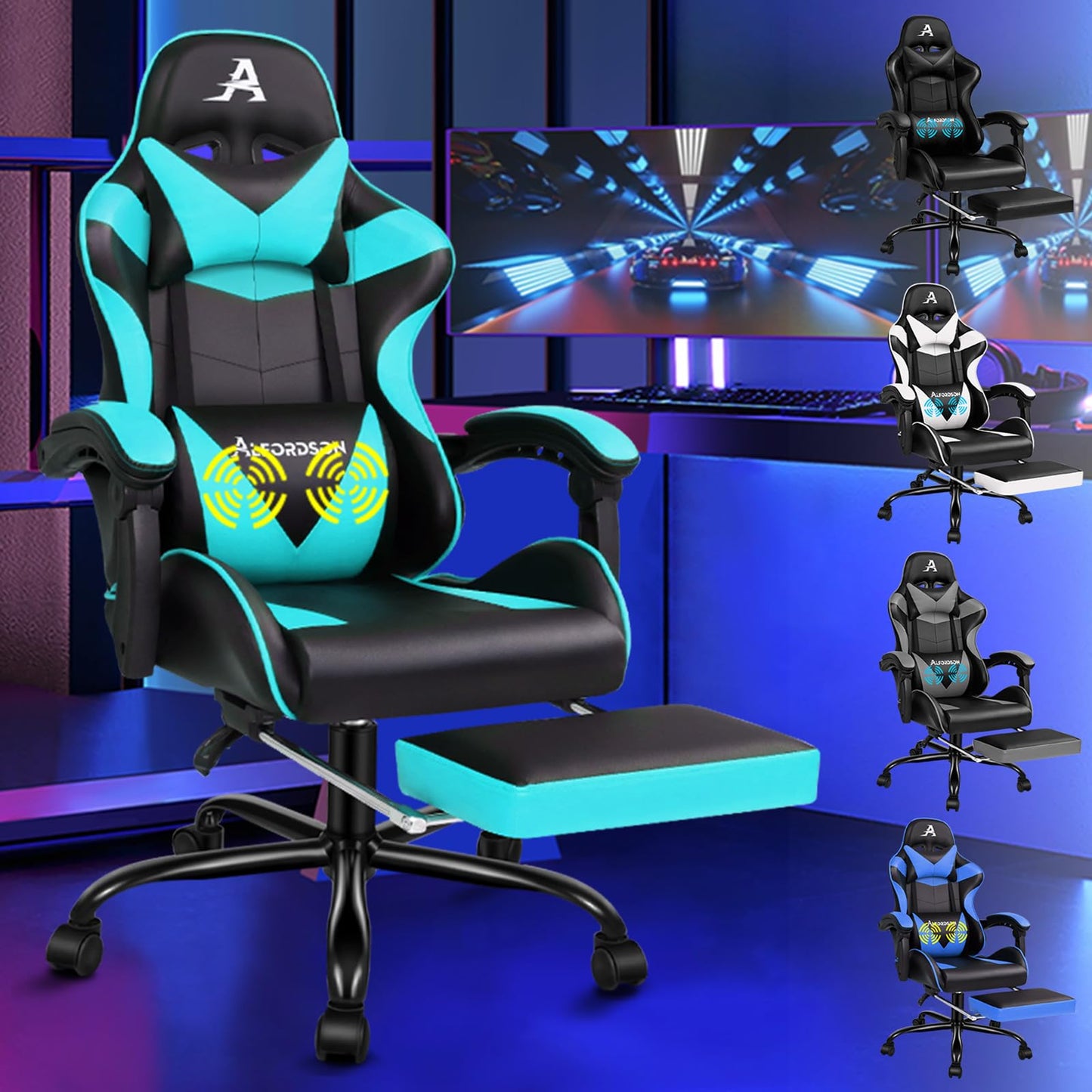 ALFORDSON Videospielstuhl, ergonomischer Bürostuhl, Massage-Rennstuhl, einziehbare Fußstütze, PU-Leder, höhenverstellbar und neigbar, 180 kg Tragkraft, Schwarz