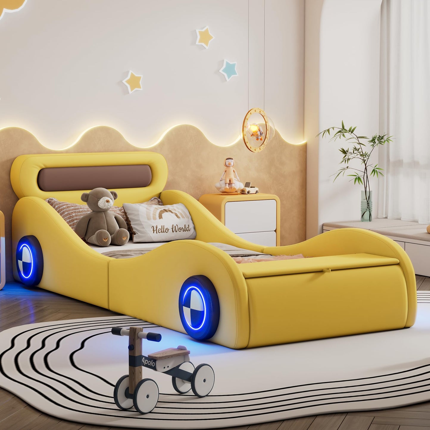 Autobett Kinderbett Jugendbett 90x200, Polsterbett Einzelbett mit leuchtenden Rädern&Stauraum, Aufregendes Auto Kinderbett für kleine Rennfahrer, Kinder Spielbett mit Lattenrost, PU,Ohne Matratze,Weiß