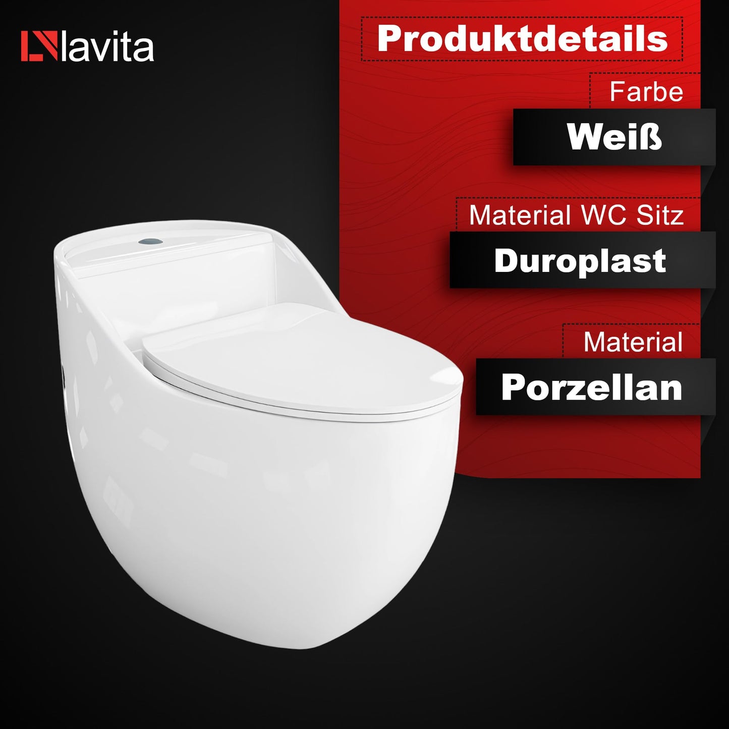 LAVITA Einteilige Stand-WC Mit Eingebautem Spülkasten SILIA RIM BLACK/GOLD LINE | Deckel Mit Absenkautomatik | Keramik Toilette Spülrandlos | Toilettenbecken Stehend + Anschlussstück