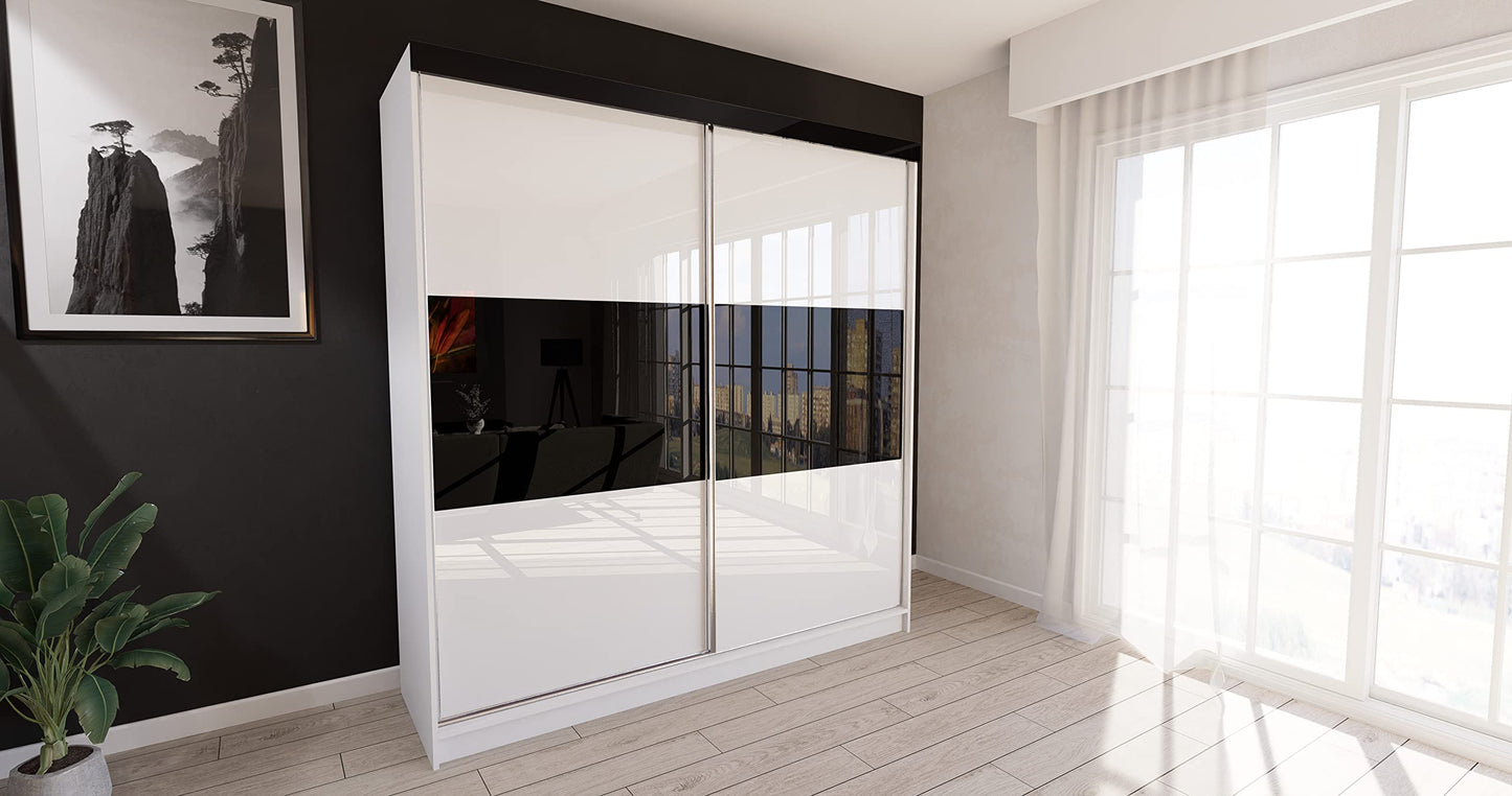 Marlux-Meble Two-Door Wardrobe 230 cm Wide with Floating and Sliding Doors Corner Wardrobe Bedroom Cabinet Hallway Cabinet System Cabinet High Gloss Cabinet