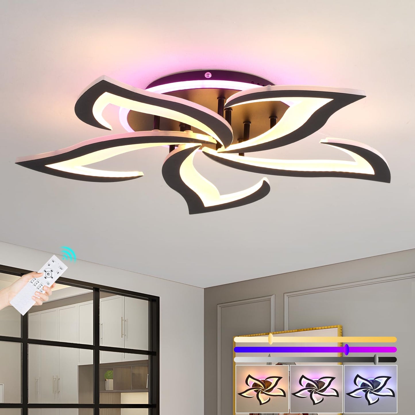 ZAITINZ Deckenlampe Led,5 blütenblätter Wohnzimmerlampe,Deckenleuchte Dimmbar mit fernbedienung,lampe wohnzimmer 50W,Moderne Deckenleuchten mit Memory Funktion,Led Deckenleuchte Schwarz 3000-6000K