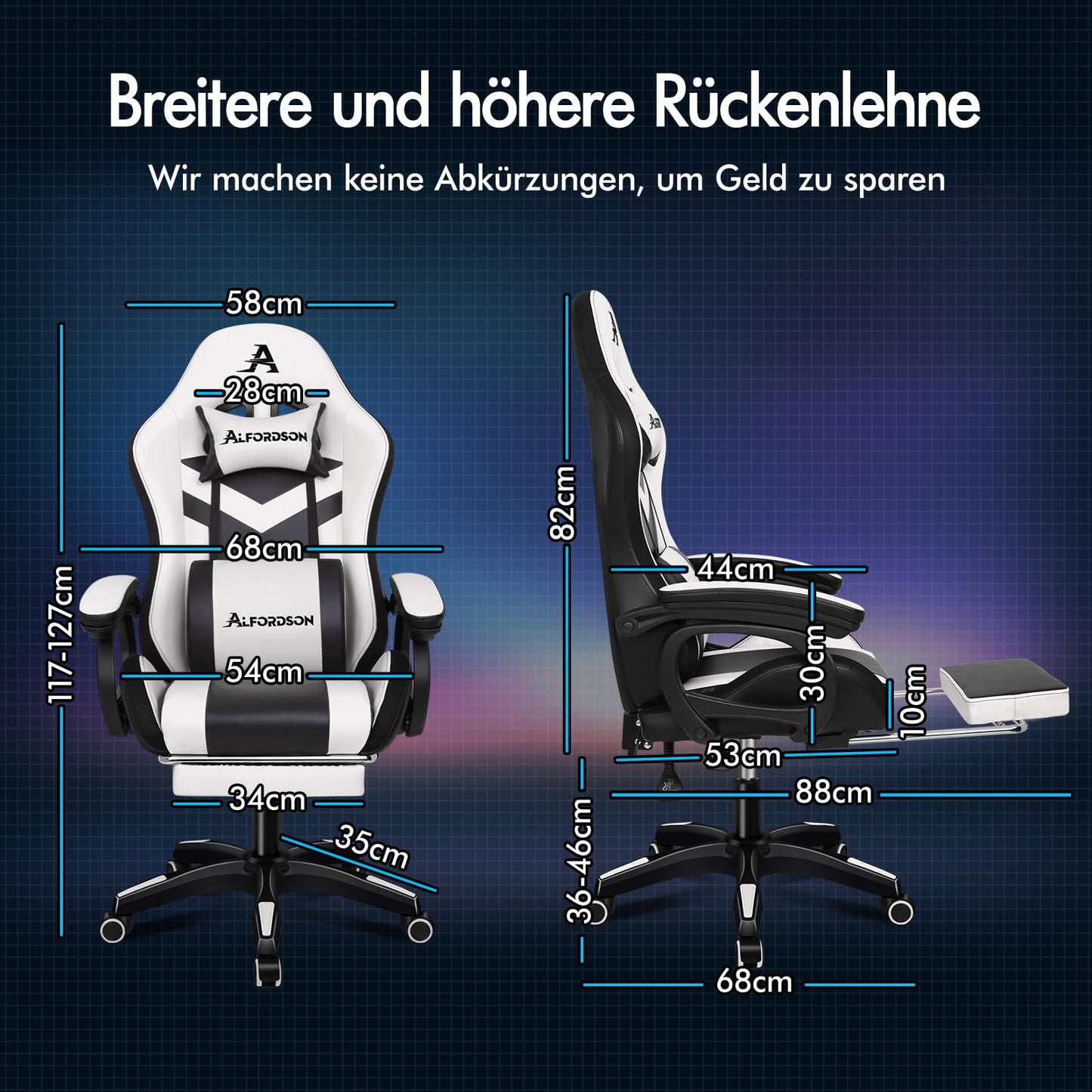 ALFORDSON Gaming Stuhl mit 8-Punkt Massage 12 Farben RGB LED-Licht, Bürostuhl Ergonomisch mit fußstützen, Kopfstütze Lendenkissen für Kinder Erwachsene, Schwarz
