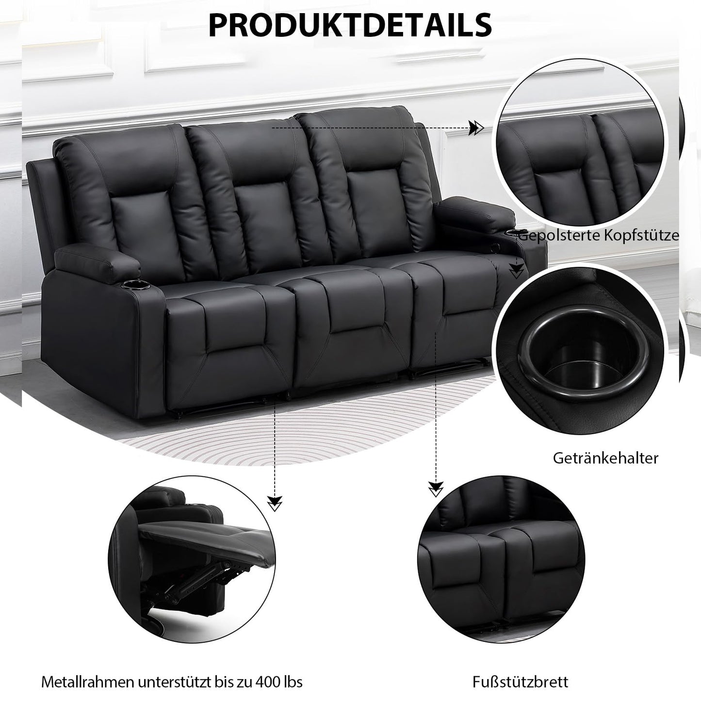 COMHOMA Relaxsessel-Set, Sofa, Sofa-Set aus Kunstleder, Fernsehsessel Ruhesessel Liegesessel mit Liege-Funktion Polstersessel Schlafsessel für Wohnzimmer Schlafzimmer Heimkino,Schwarz, 3+2+1