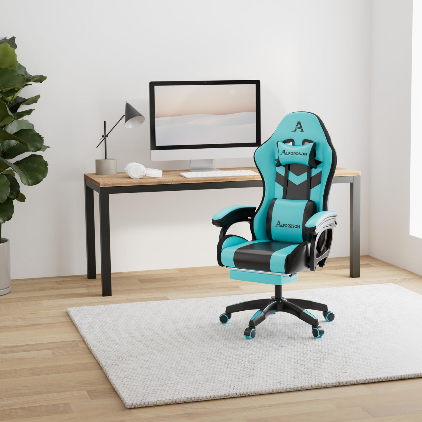 ALFORDSON Gaming Stuhl mit 8-Punkt Massage 12 Farben RGB LED-Licht, Bürostuhl Ergonomisch mit fußstützen, Kopfstütze Lendenkissen für Kinder Erwachsene, Schwarz
