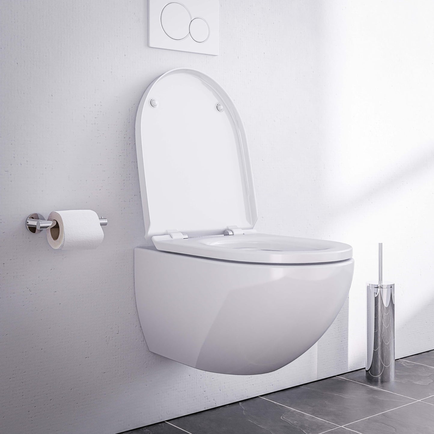 BERNSTEIN® Design Wand WC spülrandlos spülrandloses Hänge WC Set Toilette mit abnehmbareren Deckel Hängetoilette WC ohne Spülrand E-9030 Farbe: Weiß glänzend
