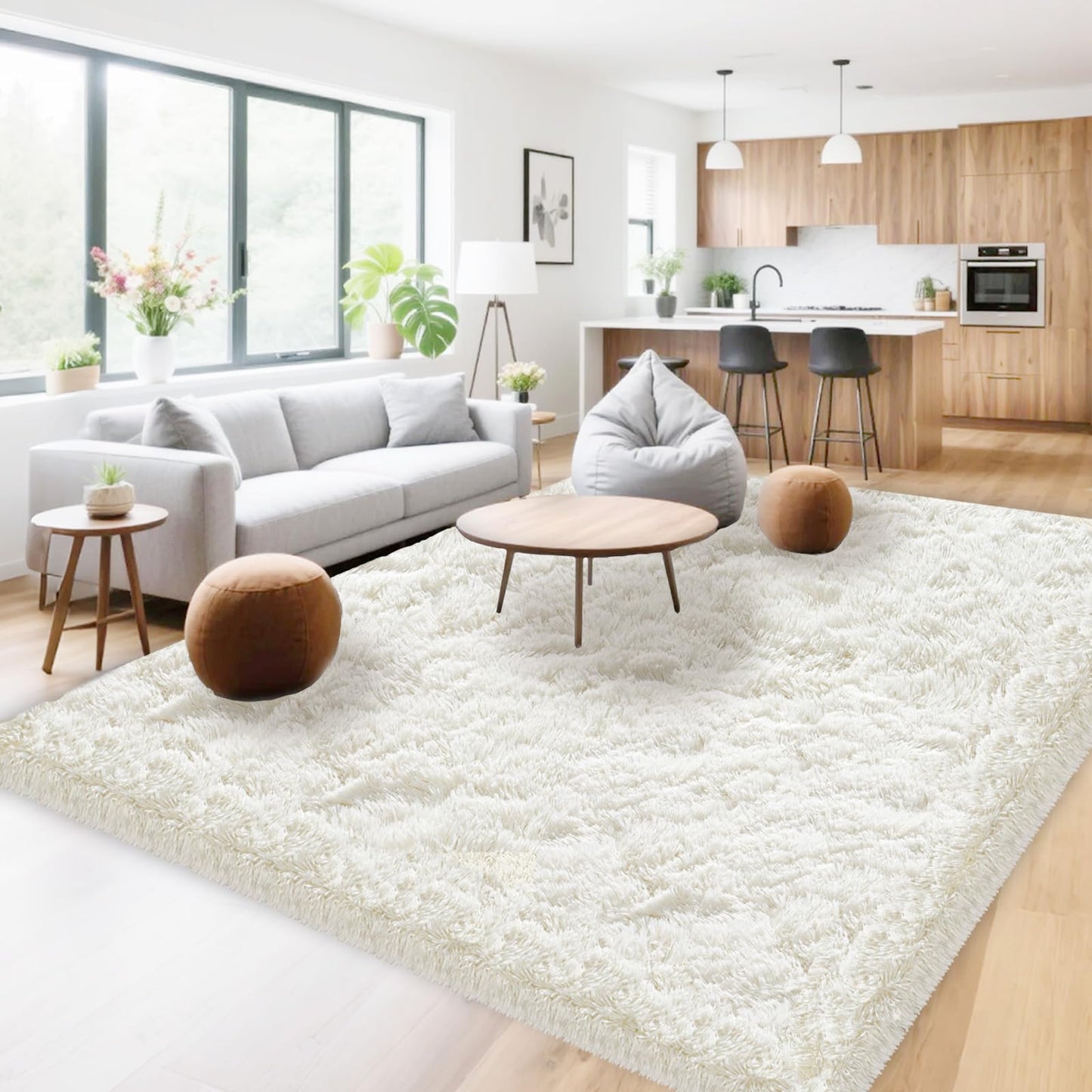High Pile Living Room Rug, 140 x 200 cm, Cream Fuzzy Shaggy Fluffy Rug for Bedroom Rugs, Modern Plush Living Room Rug, Bed Rug, High-Pile Carpet, Non-Slip for Children's Room