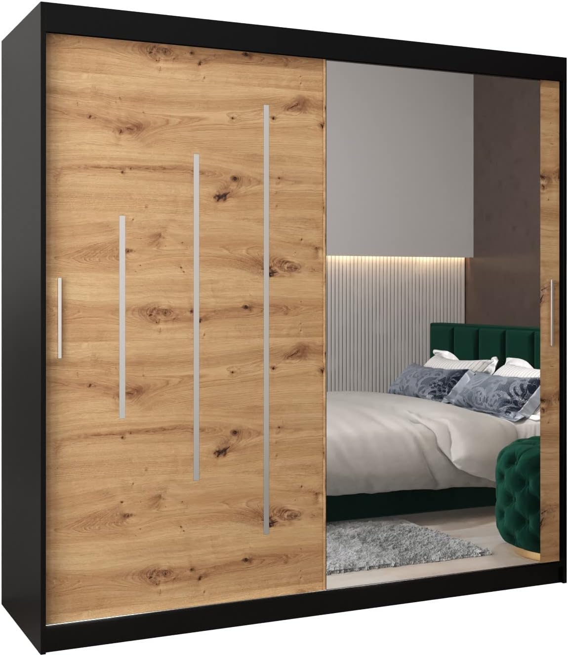 MEBLE KRYSPOL Kleiderschrank mit Spiegel York 2 - Garderobenschrank - Schrank Schlafzimmer - Mehrzweckschrank Zwei Schiebetüren - Regalen - Flur Möbel - Kleiderstange Schrank - Allzweckschrank