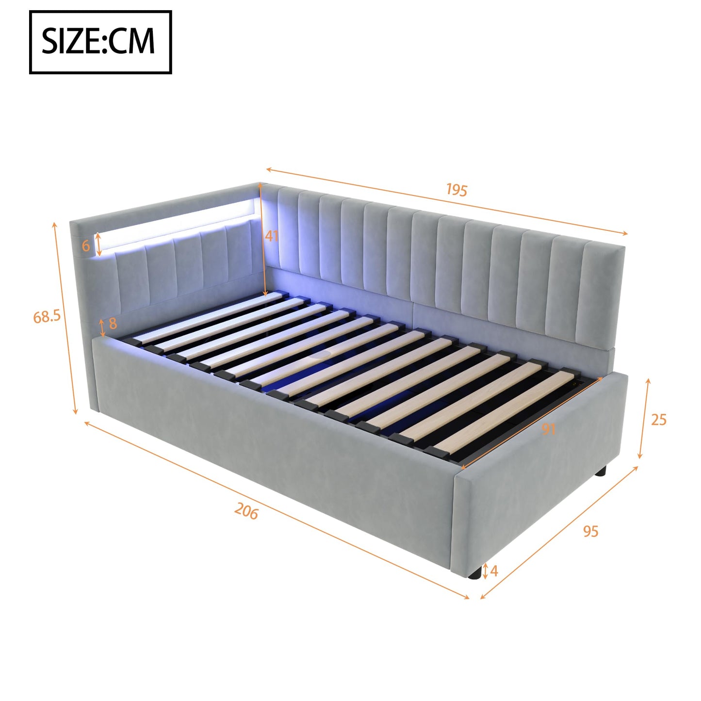 KEYIDE Upholstered Sofa Bed, 140 x 200 cm with LED Lighting and USB Charging, Bed Frame with Wooden Slatted Frame, Day Bed, Guest Bed, Youth Bed, Velvet Fabric, Without Mattress (Grey, 140 x 200)
