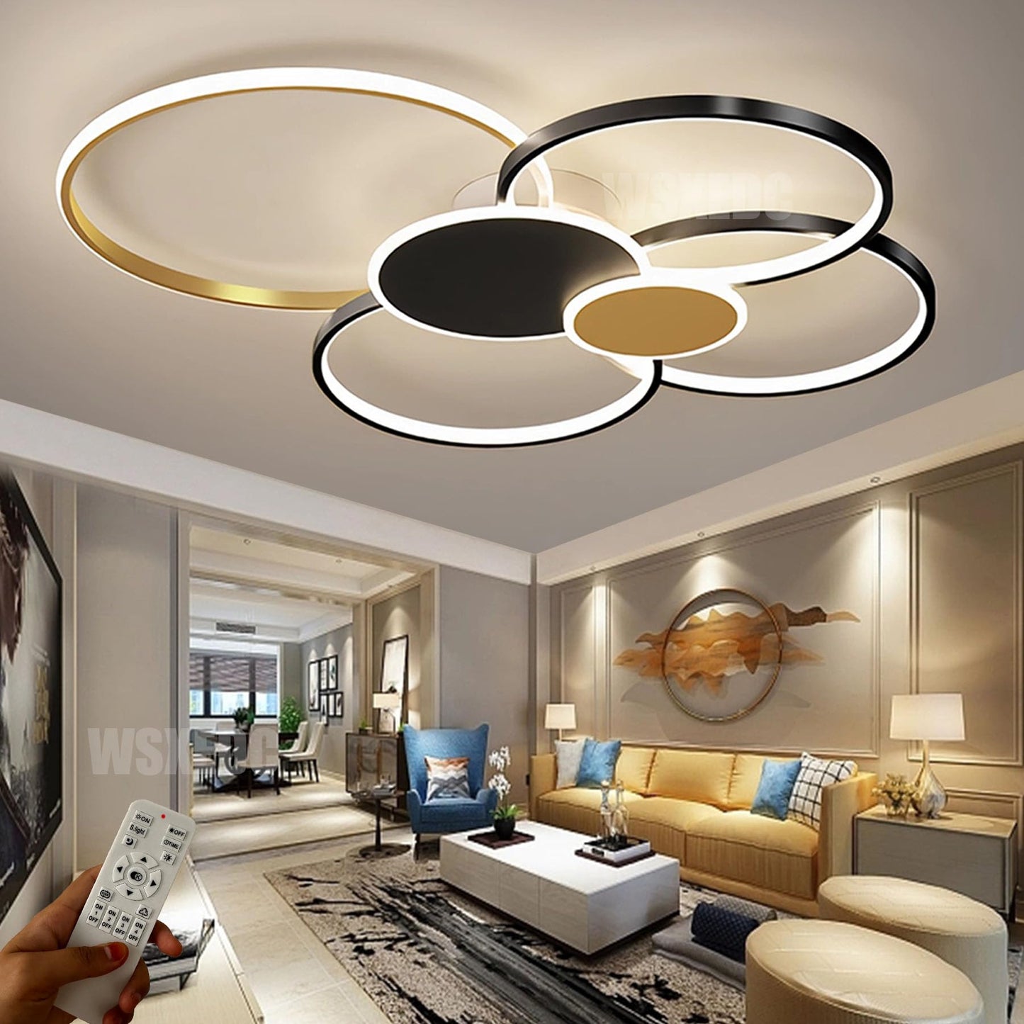 Dimmbare LED 6 Ring Wohnzimmerleuchte LED-Deckenleuchte moderne kreative Deckenbeleuchtung Innenbeleuchtung für die Augenpflege Für Schlafzimmer Büro Esszimmer Jugendzimmer (Weiß, L80cm 71W)
