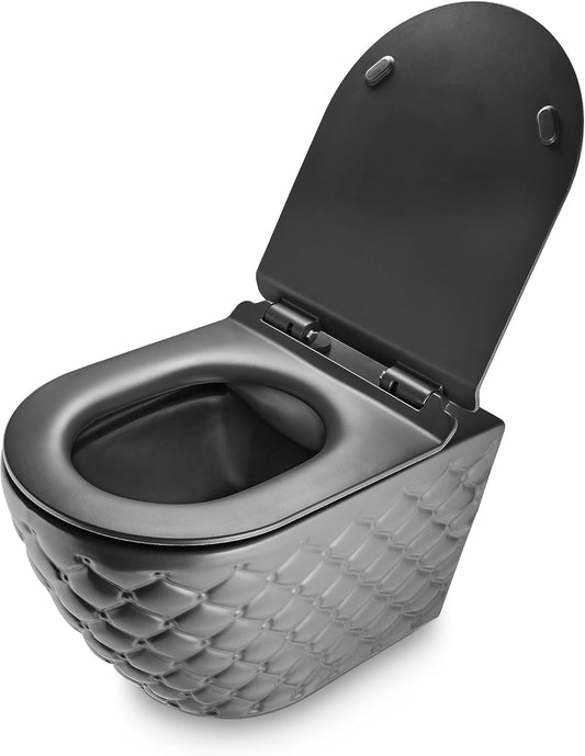 RD Luxury Spülrandloses Hänge-WC Grau Matt – Wandtoilette aus Keramik mit Softclose WC-Sitz, Schallschutz & Komplettset