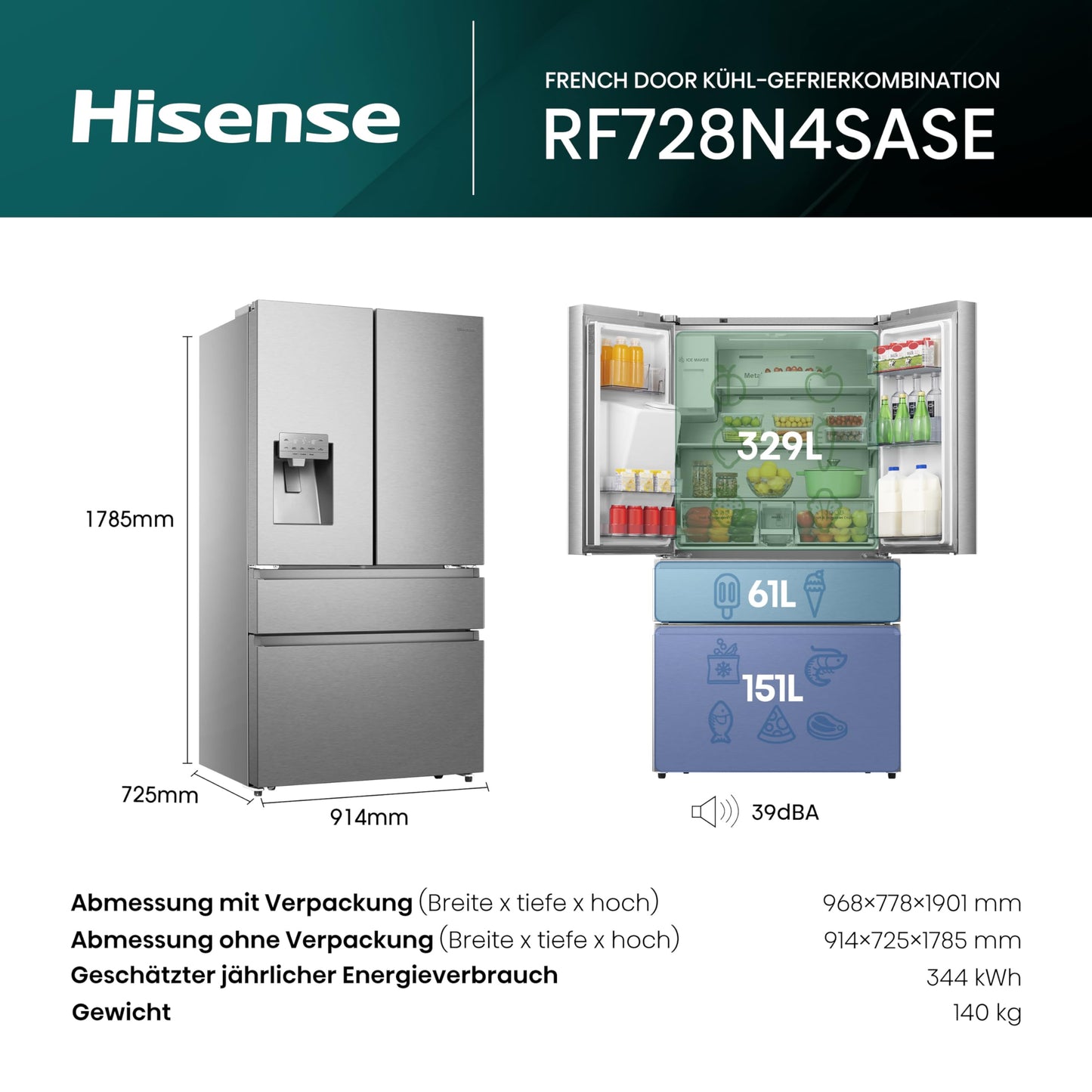 Hisense RF632N4WIE French Door Kühl-Gefrierkombination/ NoFrostPlus/ Inverter-Kompressor/ Wasserspender/ CrispZone/ 200 cm/ Kühlteil 336 l/ Gefrierteil 149 l/ 38 dB/ 295 kWh/ Jahr/ Inox-Look