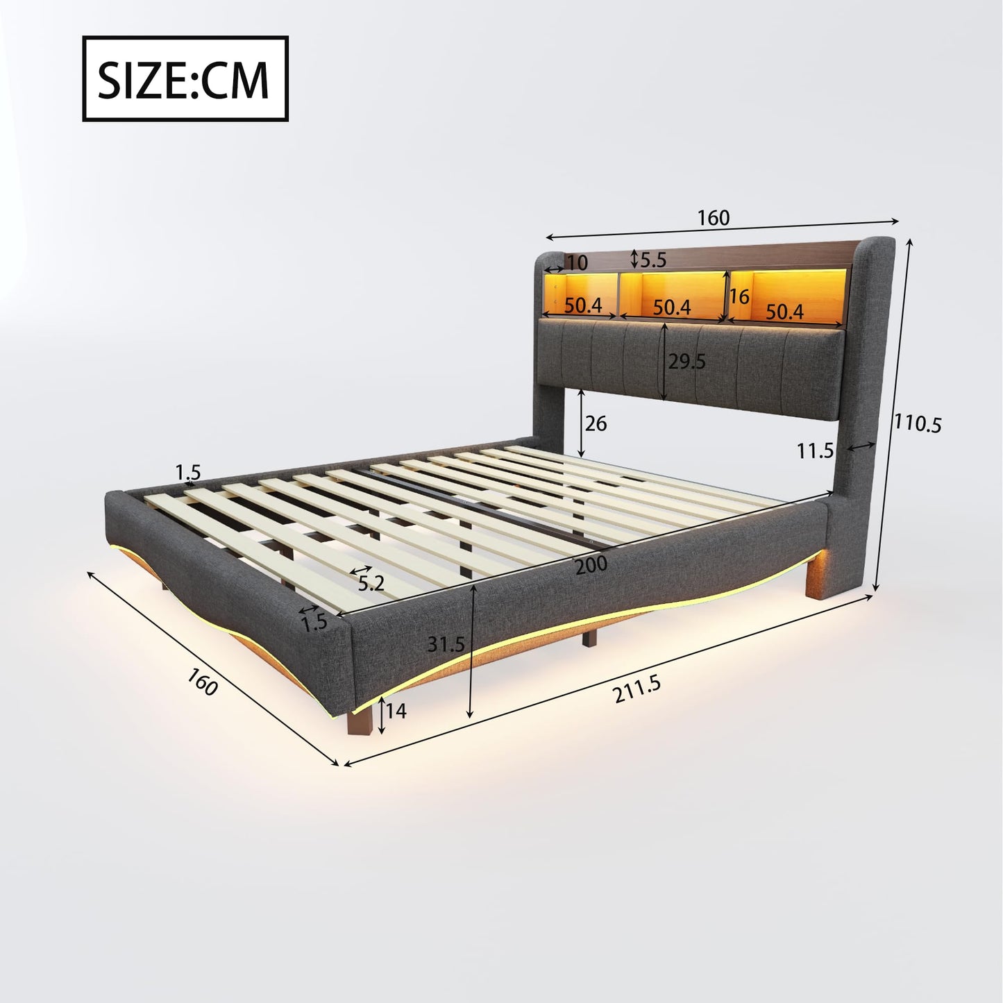 LAKFEW Polsterbett 140X200 cm, Doppelbett Stauraumbett mit LED-Beleuchtung, Erwachsenenbett mit USB/Typ-C, Bettgestell Bett mit Lattenrost, Ohne Matratze, Grau, Leinen