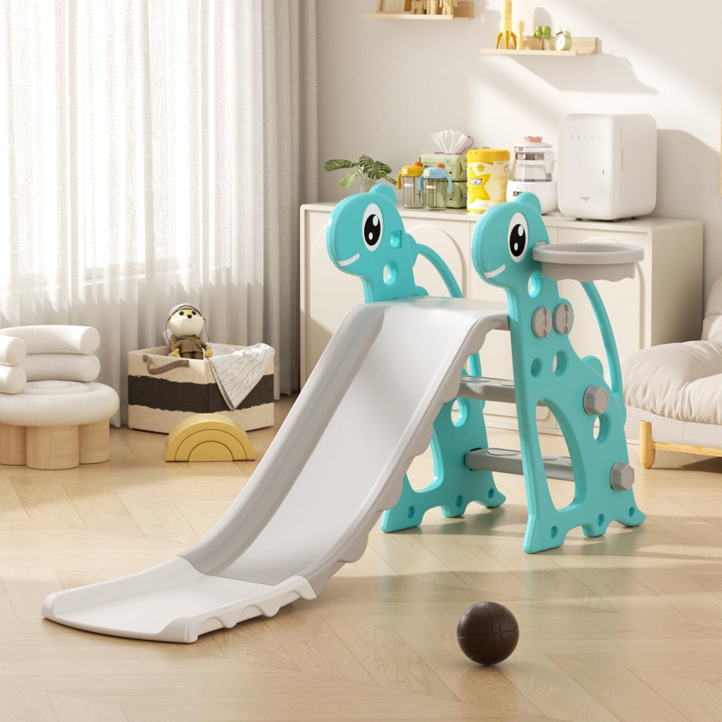 Rutsche mit Klettergerüst für Kinder: Indoor Spielplatz mit - Aufbewahrungsbox Tunnel Treppenleiter Basketballkorb und Durchgangsbereich Gartenrutsche (Star Set-G-Brown)