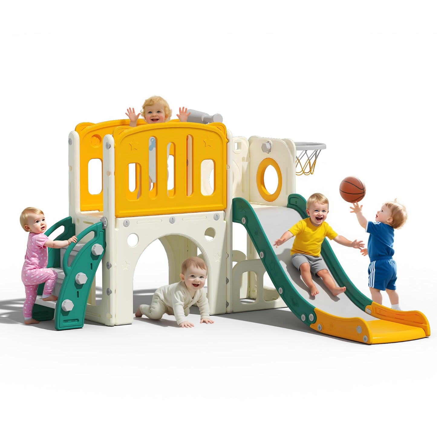 hoopyosms Kinder Rutsche mit Kletterleiter, Tunnel, Basketballkorb & Teleskop, Indoor- und Outdoor-Montessori-Spielset zur Förderung von Motorik & Gleichgewicht für Kleinkinder, Gelb & Grün