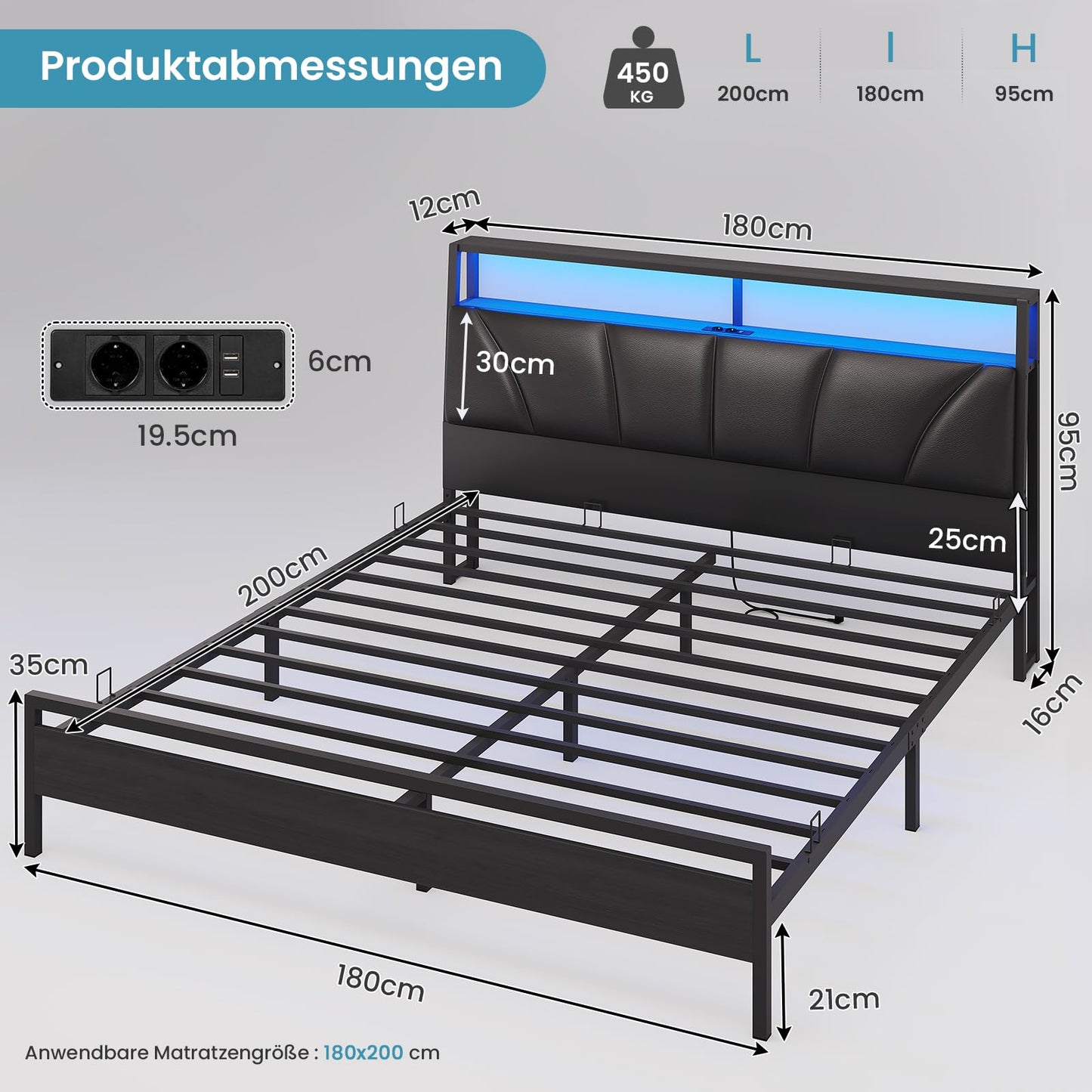 Brinlawb Bed 140 x 200 cm with Metal Slatted Frame, Bed Frame 140 x 200 cm with LED Lighting, Metal Bed 140 x 200 cm with Headboard and Charging Station (2 AC Sockets, 2 USB Ports), Youth Bed, Double