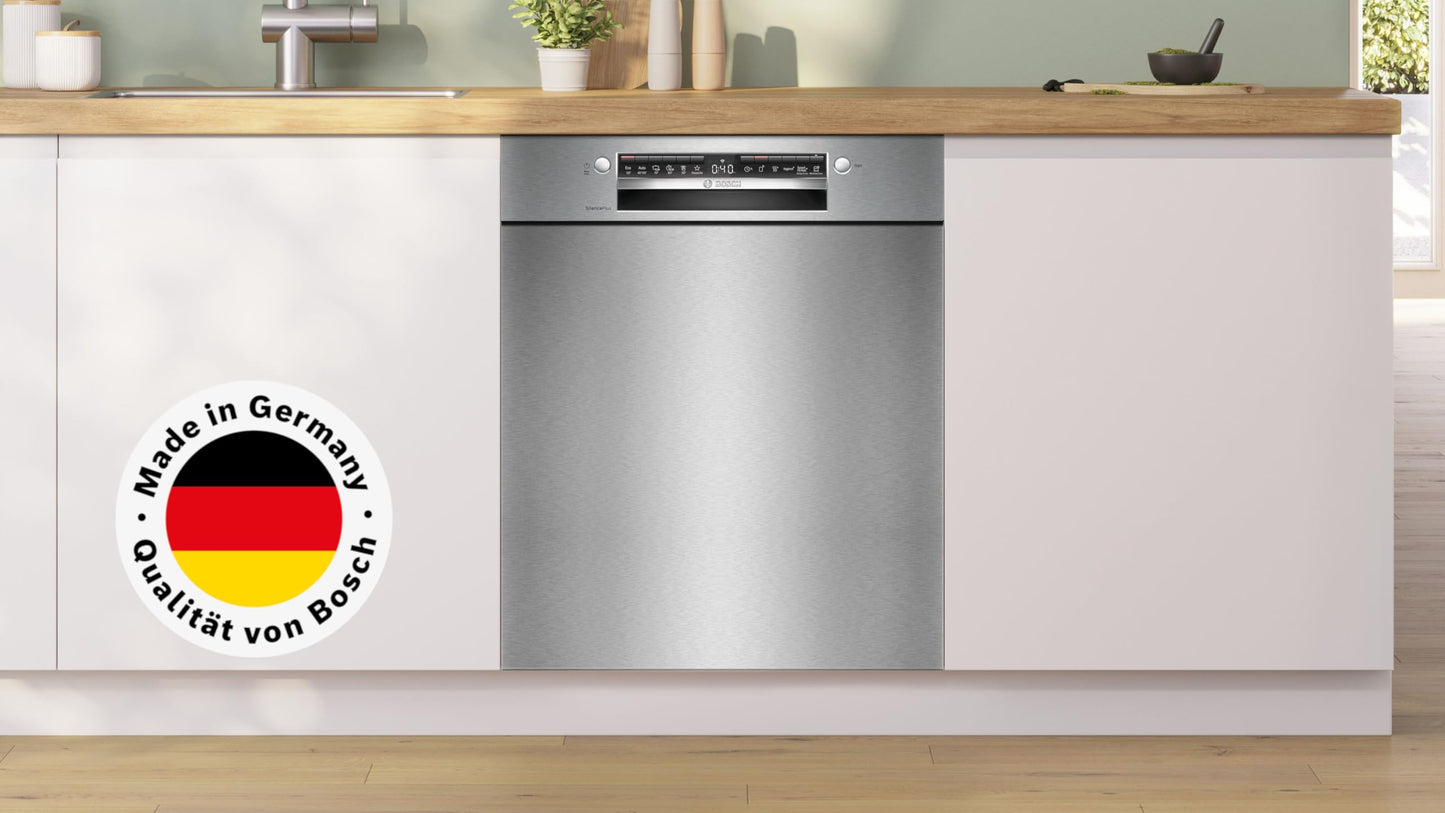 Bosch SMU4ETS08E, Series 4, Smart Undermount Dishwasher, 60 cm, Cutlery Basket, Dishwasher with Program Assistant, Particularly Quiet, Height-Adjustable Upper Basket, Automatic Door Opening, Stainless