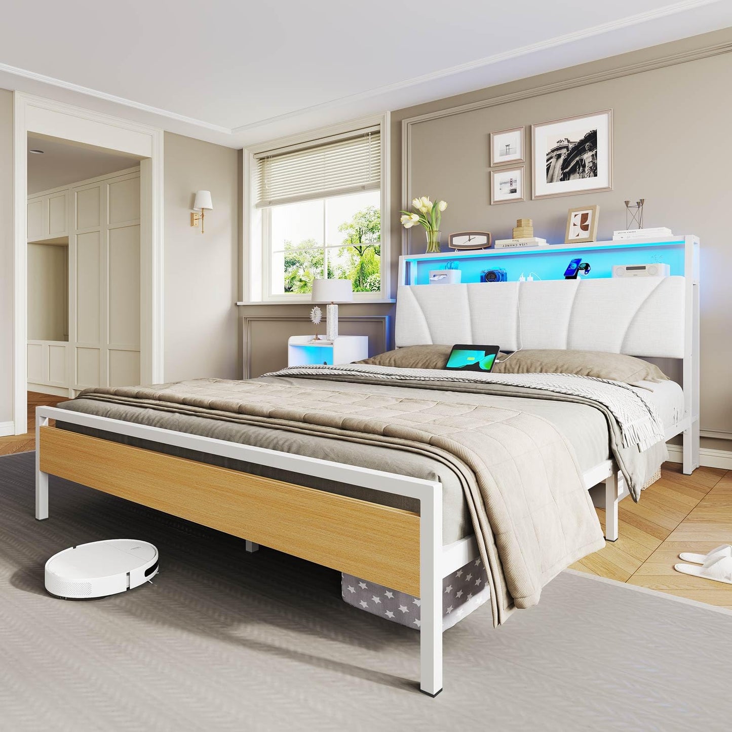 Brinlawb Bed 140 x 200 cm with Metal Slatted Frame, Bed Frame 140 x 200 cm with LED Lighting, Metal Bed 140 x 200 cm with Headboard and Charging Station (2 AC Sockets, 2 USB Ports), Youth Bed, Double