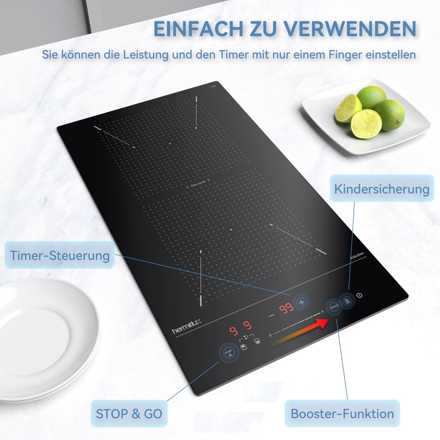 Hermitlux kochfeld 28,8cm, Glaskeramik Kochfeld 2 Platten, 9 Leistungsstufen, Touch-Steuerung, Timer, Kindersicherung, Geeignet für Alle Töpfe, 3300W