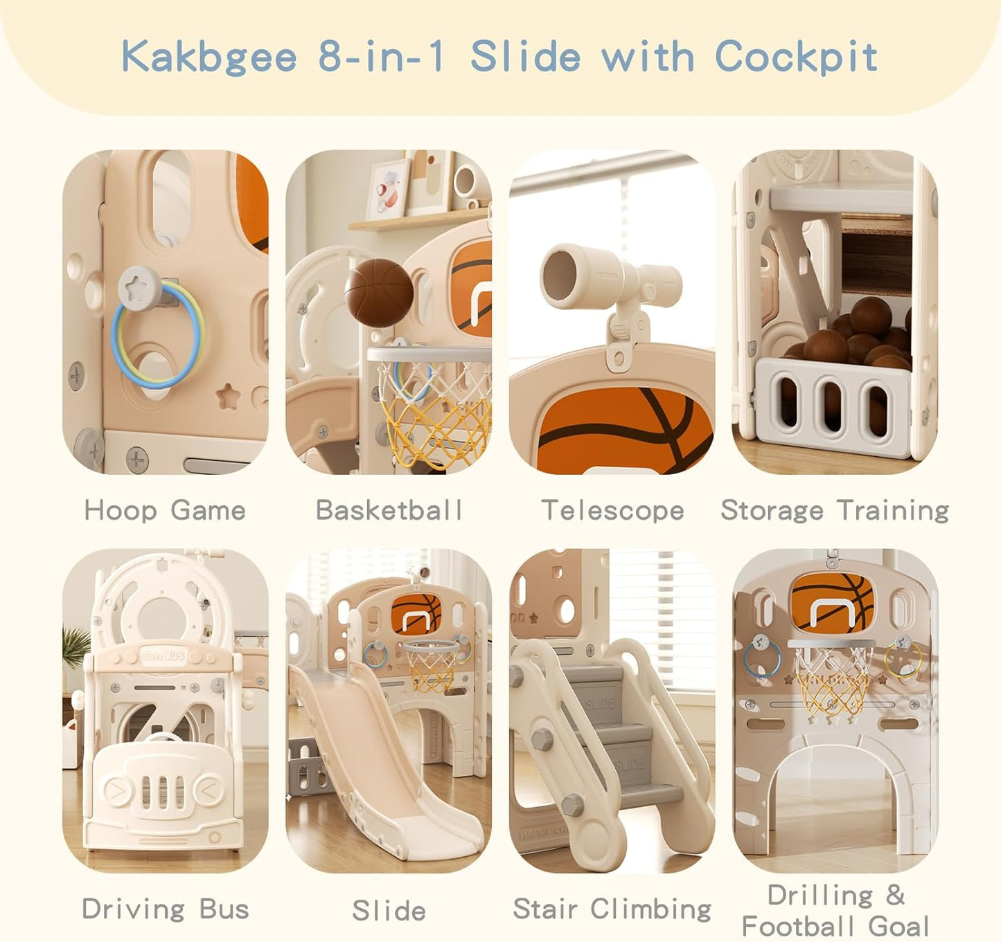 Kakbgee 8-in-1 Kinder Rutsche, Baby Slide, Mini-Bus, 2m HDPE Kinderrutsche - mit Geländer, Futschfesten Stufen, Tunnel, Stauraum, Gartenrutsche Spielplatz für Drinnen/draußen, ab 6 Monaten, Grau
