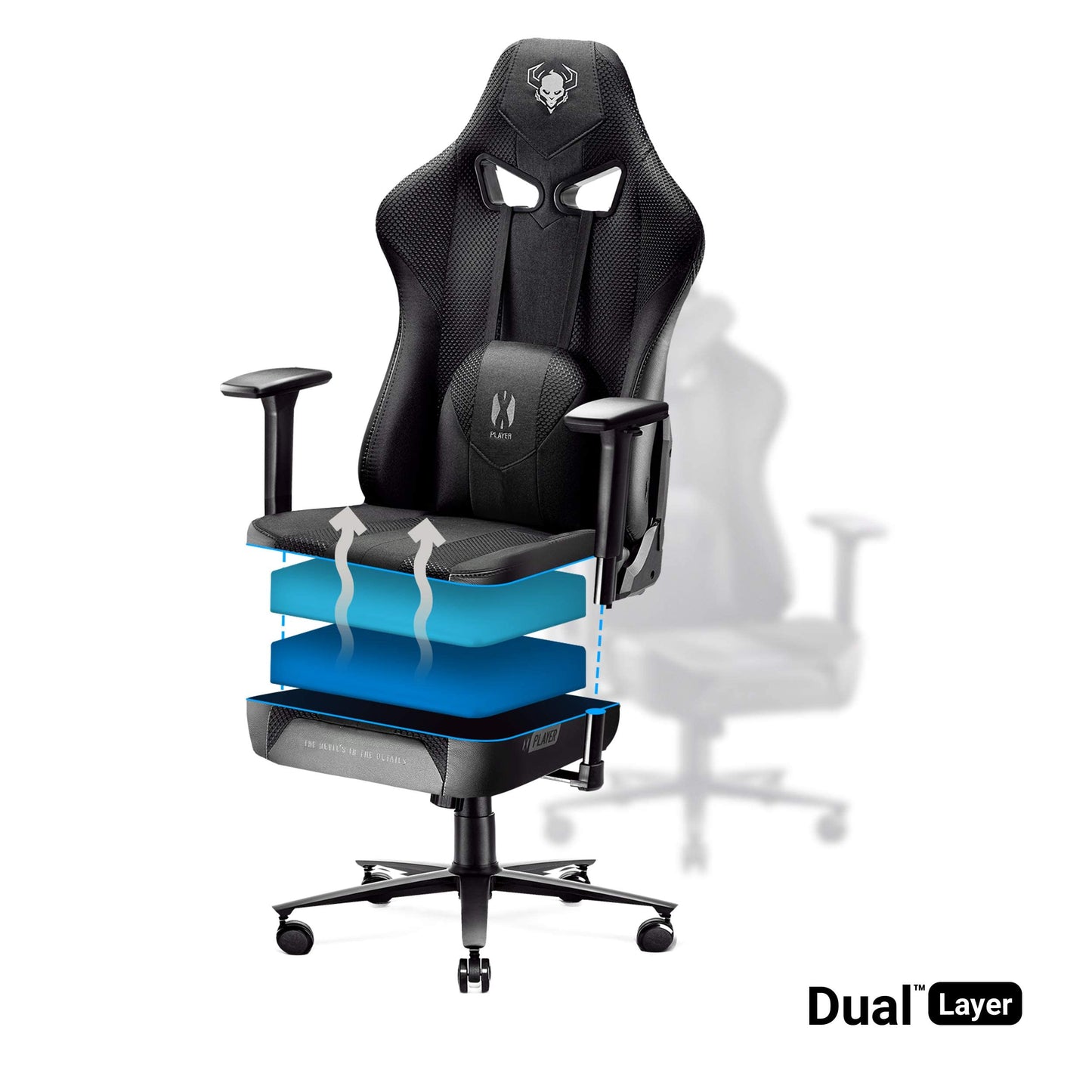 Diablo X-Player Gaming Stuhl Bürostuhl Schreibtischstuhl Stoff 3D Armlehnen Ergonomisches Design Nacken/- Lendenkissen (Frost Black, Normal (L))