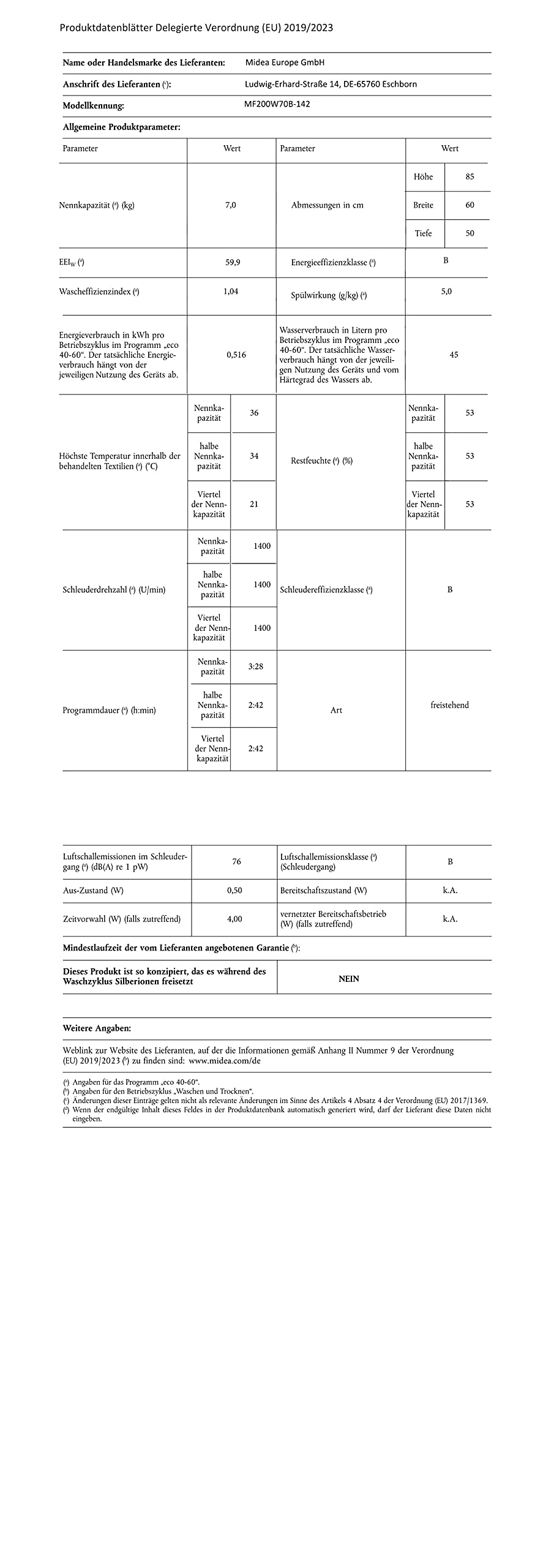 Midea MF10EW70BA10 Waschmaschine / 7kg / 1400 U/Min/EEK A-10%/Inverter Quattro Motor/Dampffunktion/Grosse Trommel/Nachlegefunktion/Kindersicherung/AquaStop, Weiß